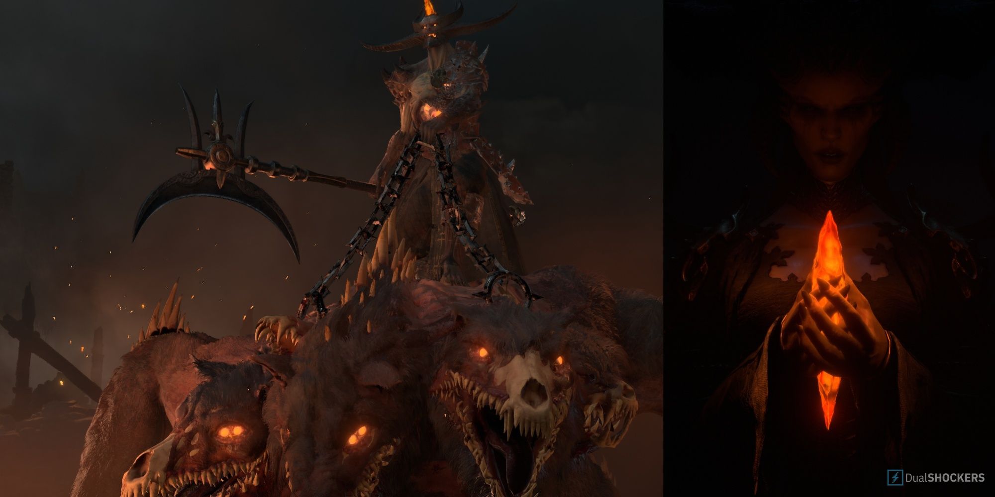 A screenshot of Astaroth from Diablo 4 next to Lilith holding the soul crystal