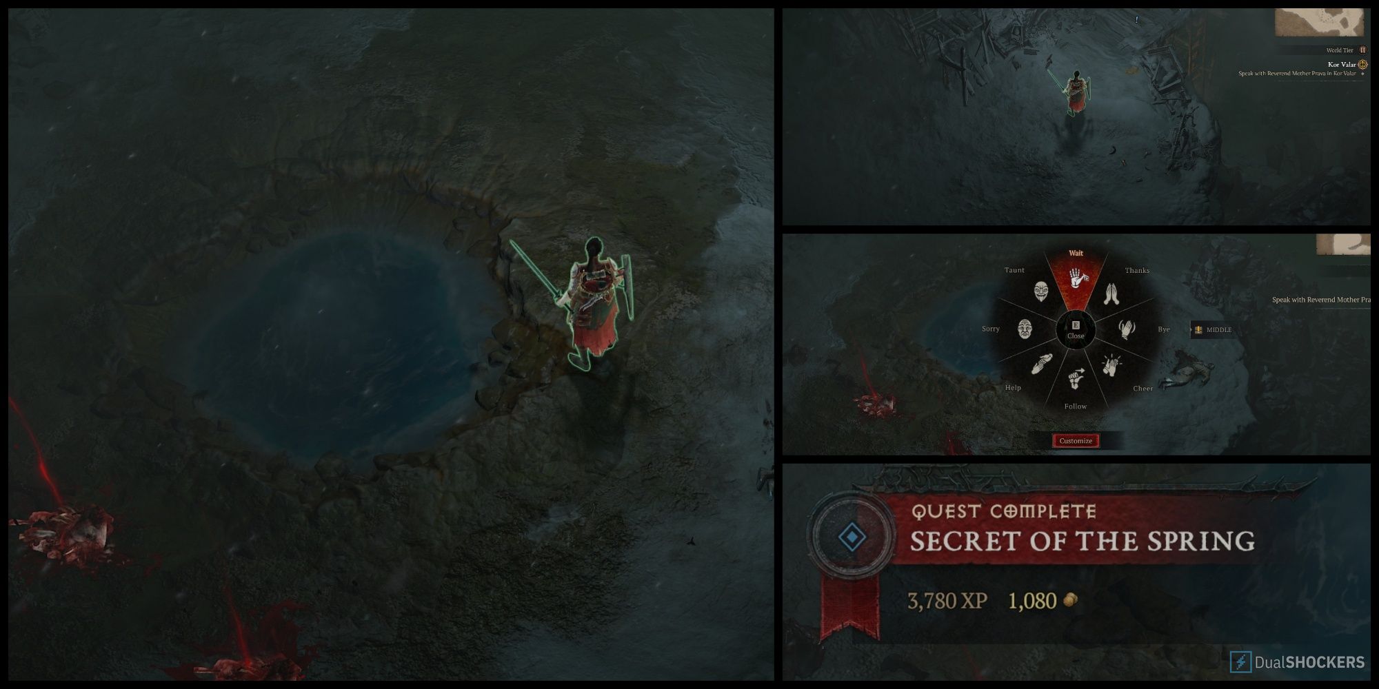Four images depicting stages in the secret of the spring sidequest from Diablo 4