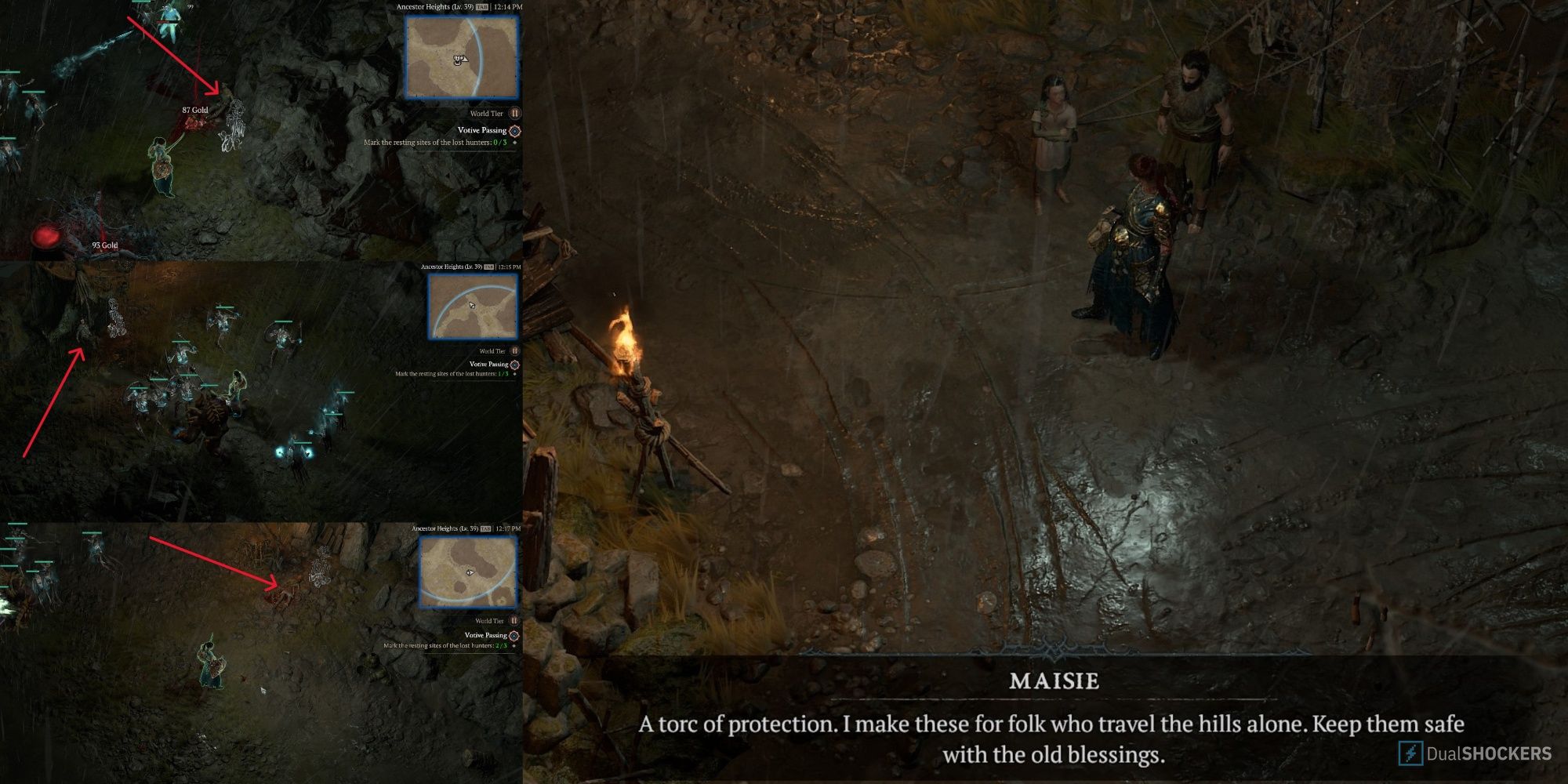Four screenshots from different steps of the Votive Passing side quest in Diablo 4