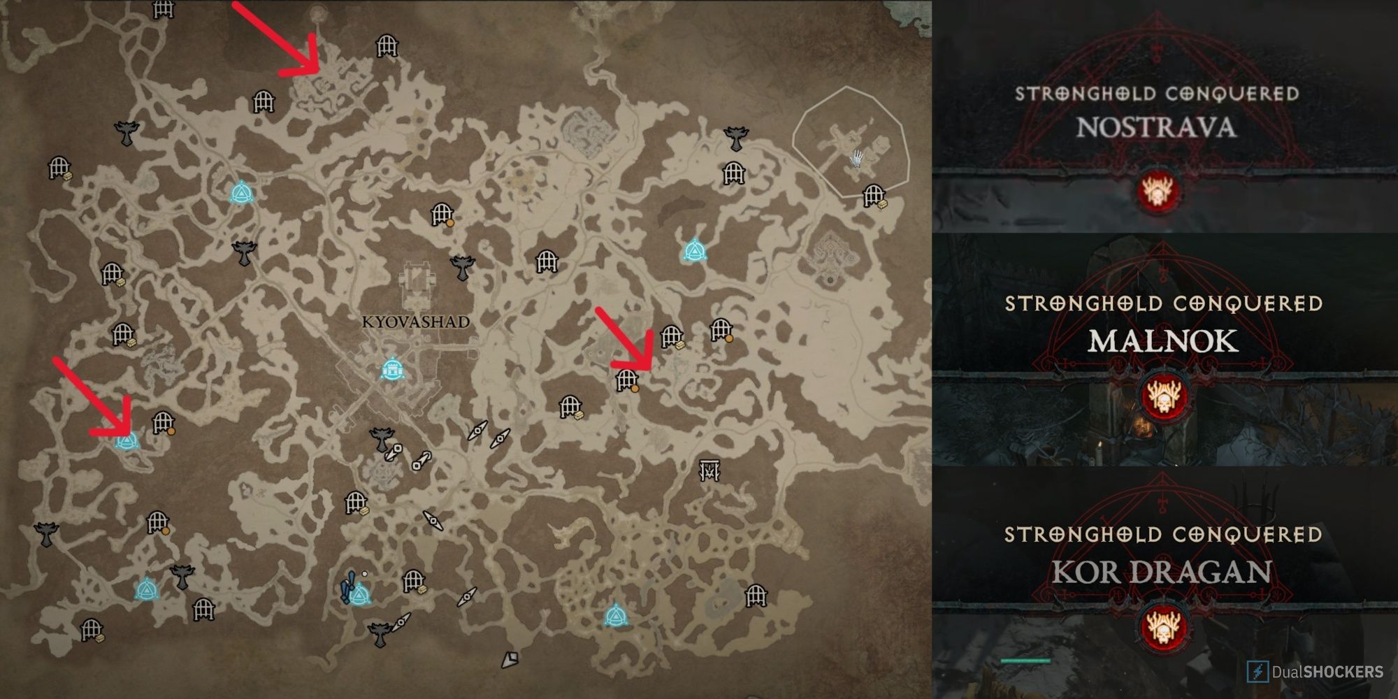 A map of the Fractured Peaks with all Strongholds marked alongside the achievement screen from completing each one