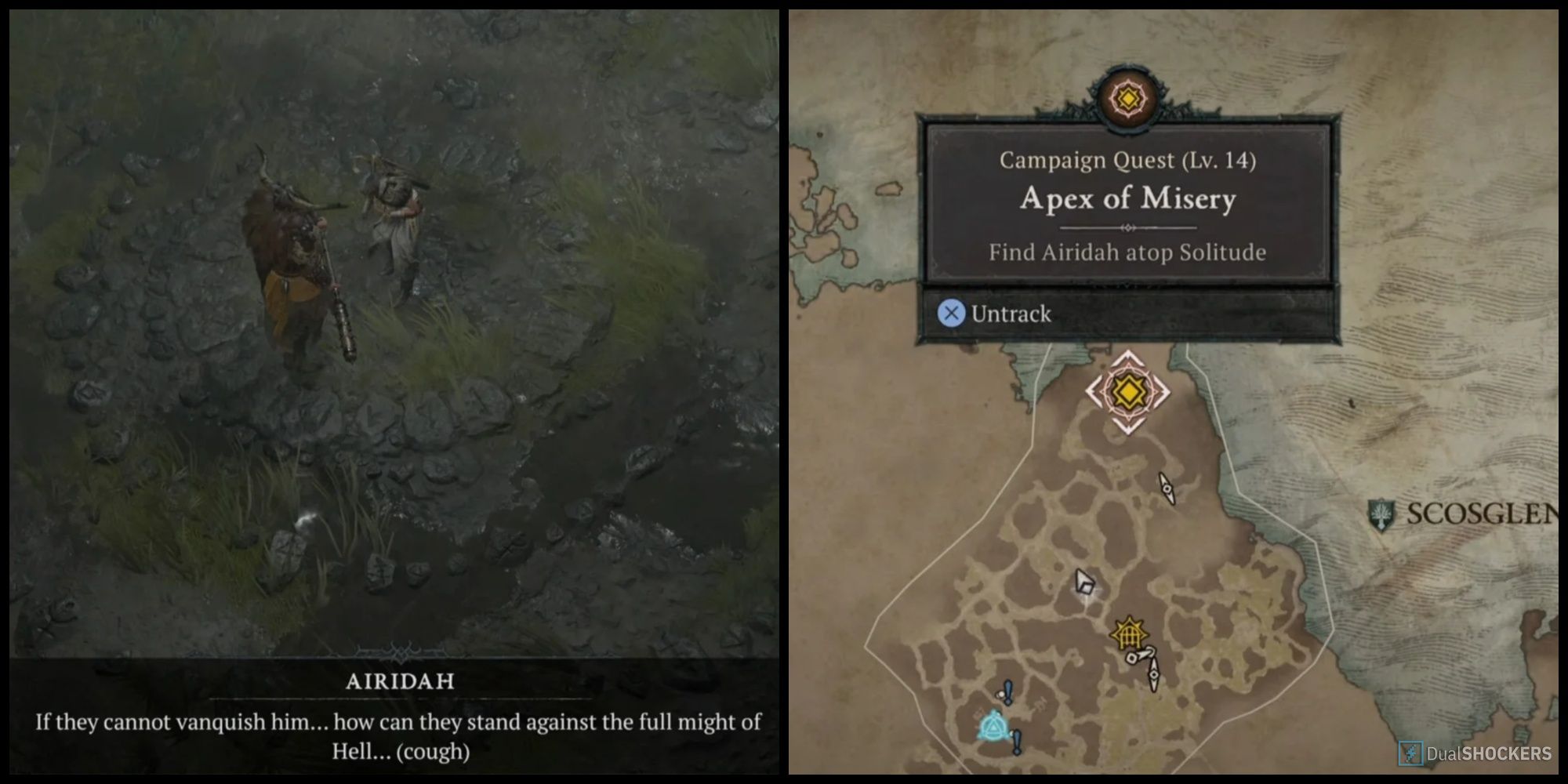 A screenshot of dialogue with Aridah alongside a map showing her quest.