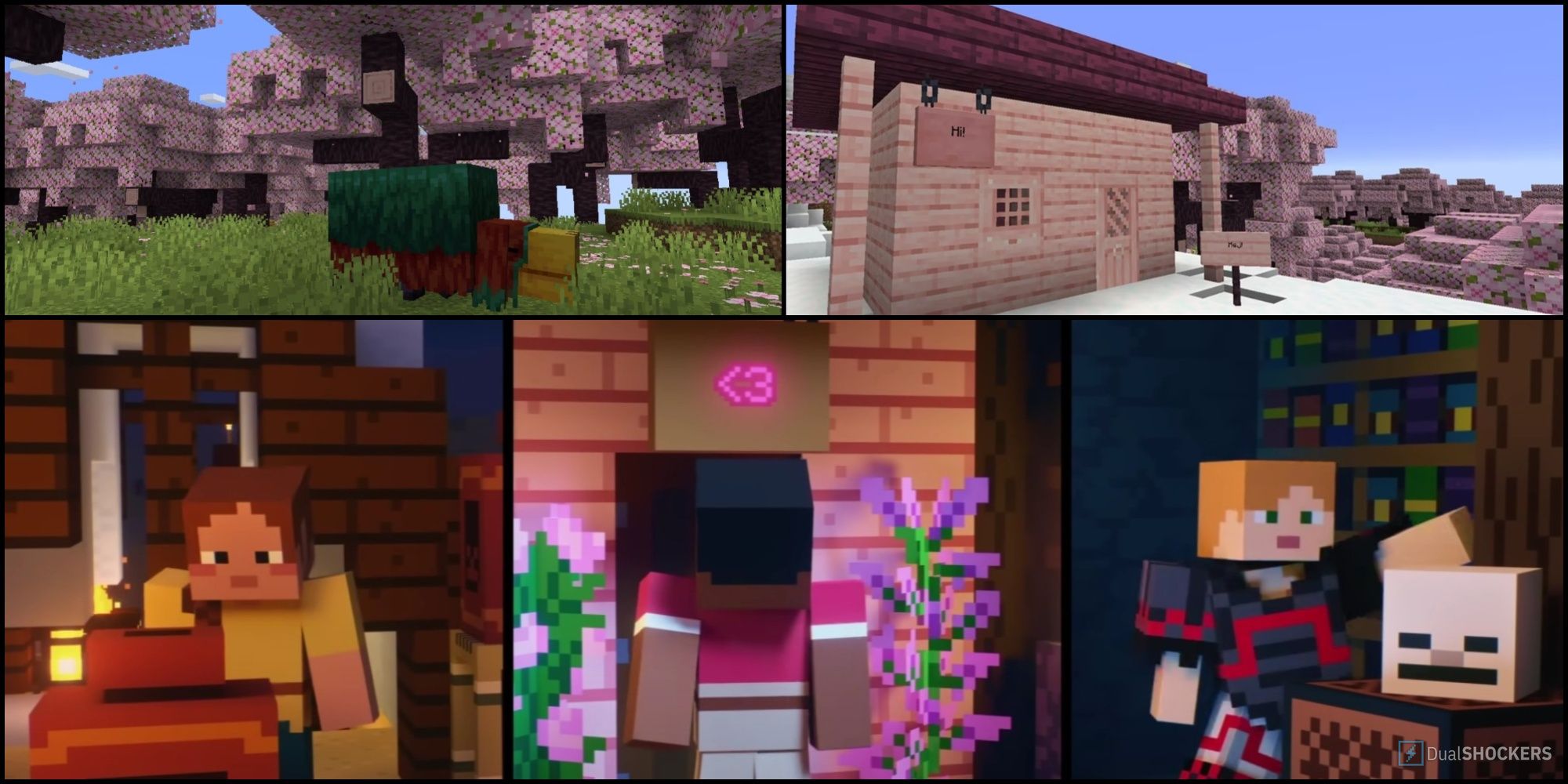 A sniffer, cherry wood,  and screenshot from the update trailer for Minecraft Trails and Tales update