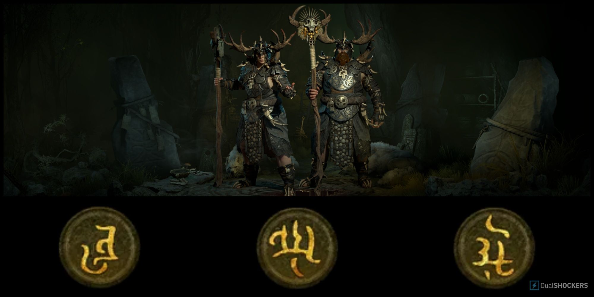 a male and female druid from Diablo 4 near three Paragon Glyph symbols