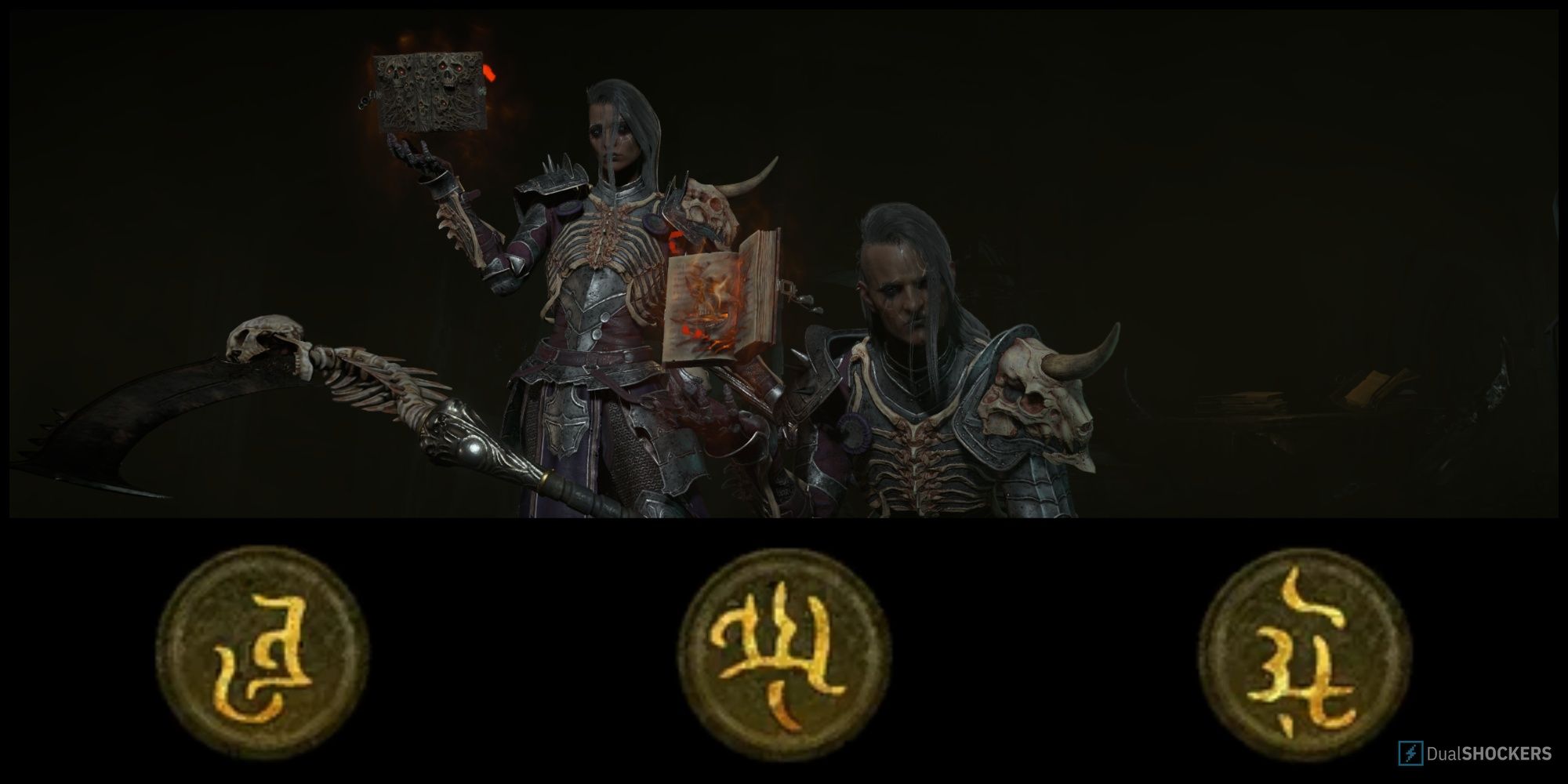 مستحضر الأرواح ذكر وأنثى من Diablo 4 إلى جانب ثلاثة رموز Paragon Glyph