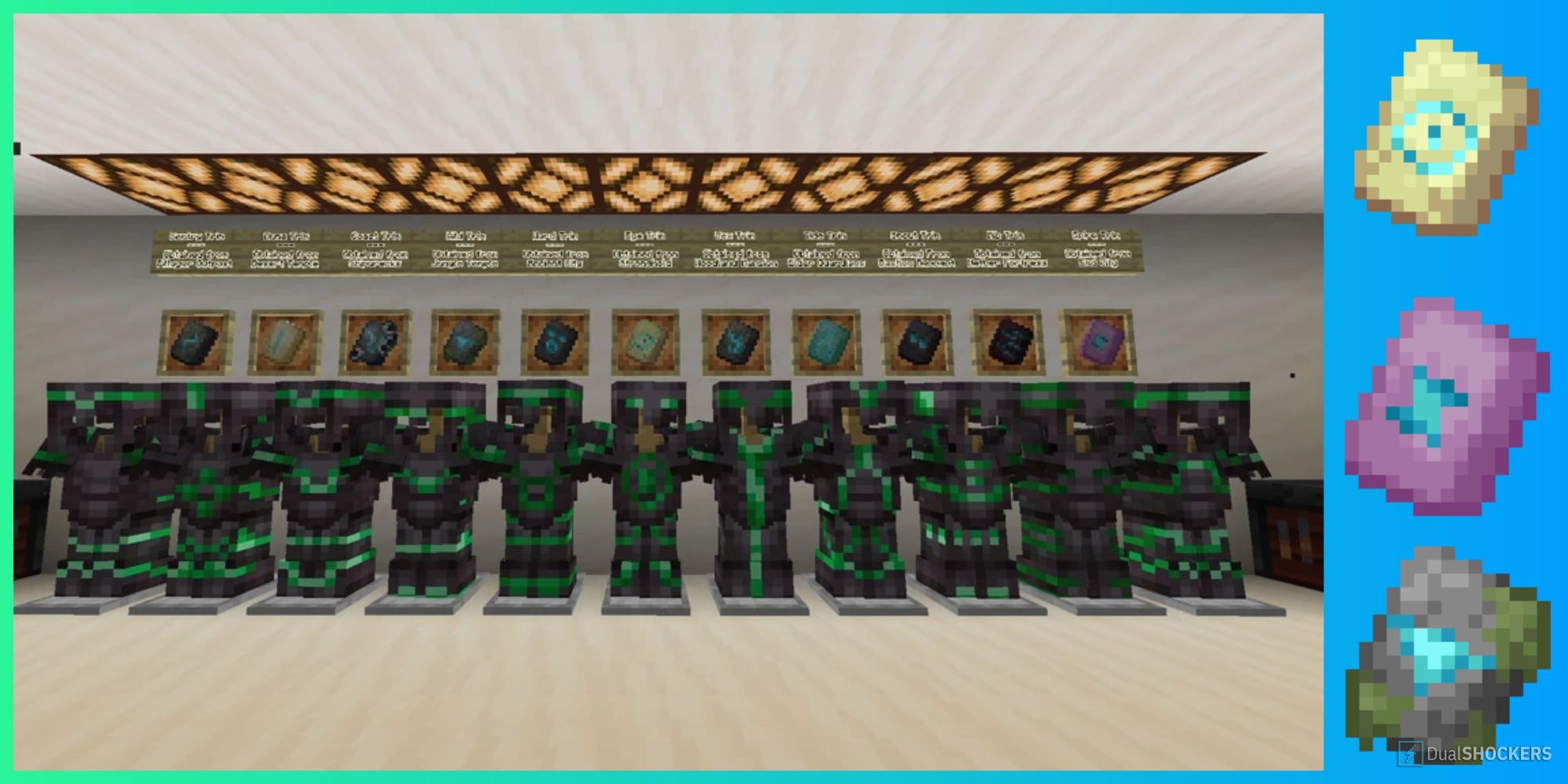 All armor trims in emerald on black alongside the eye, spire, and wild templates