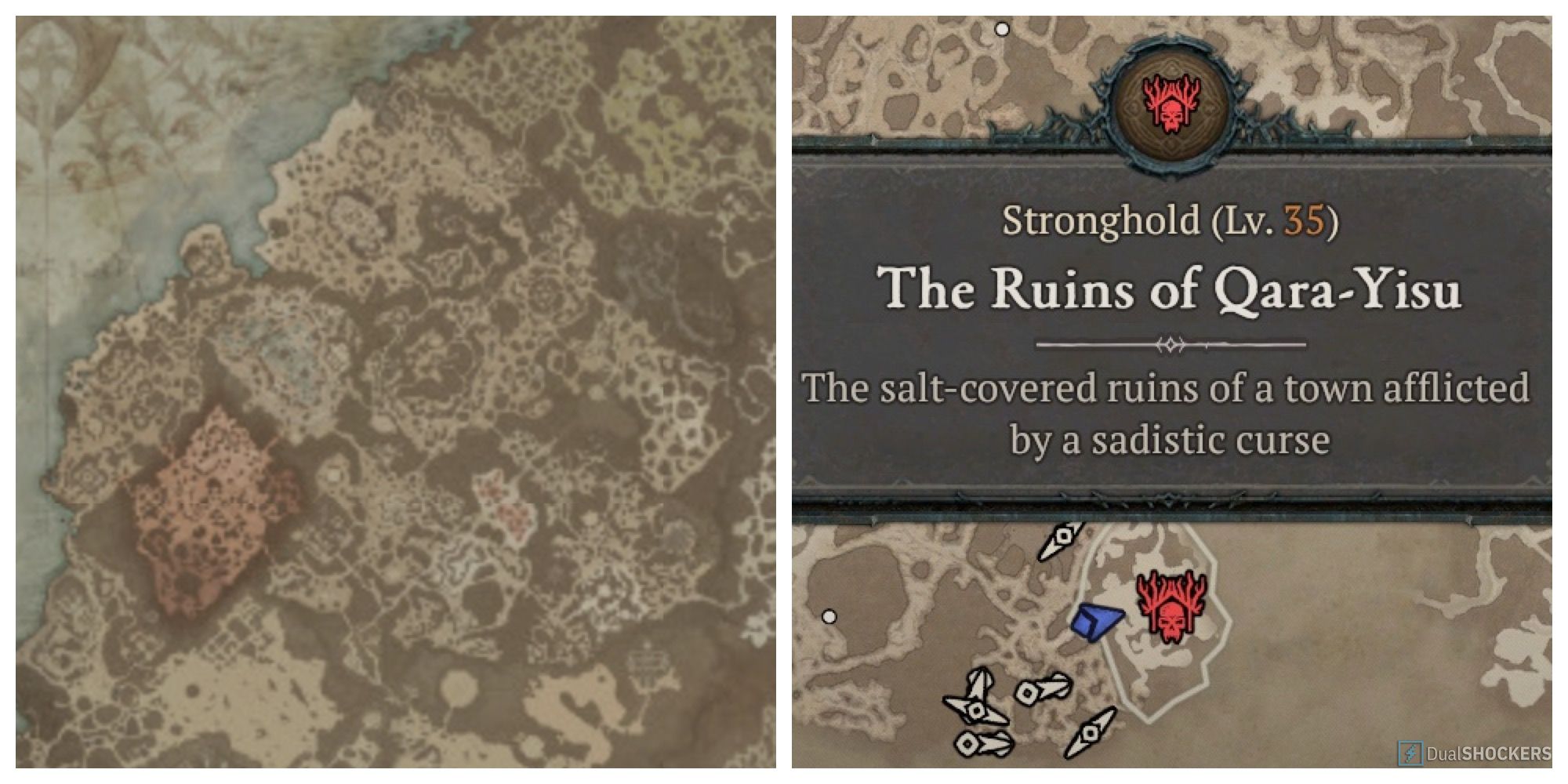 Blank map of Sanctuary's Dry Steppes region in Diablo 4 next to the icon for a dangerous Stronghold