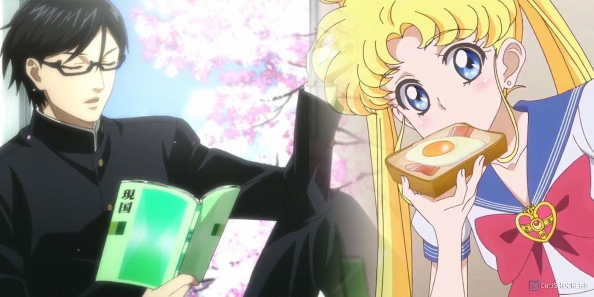 Anime Cliches: Sakamoto residing poems by the classroom's window, Usagi eating a toast