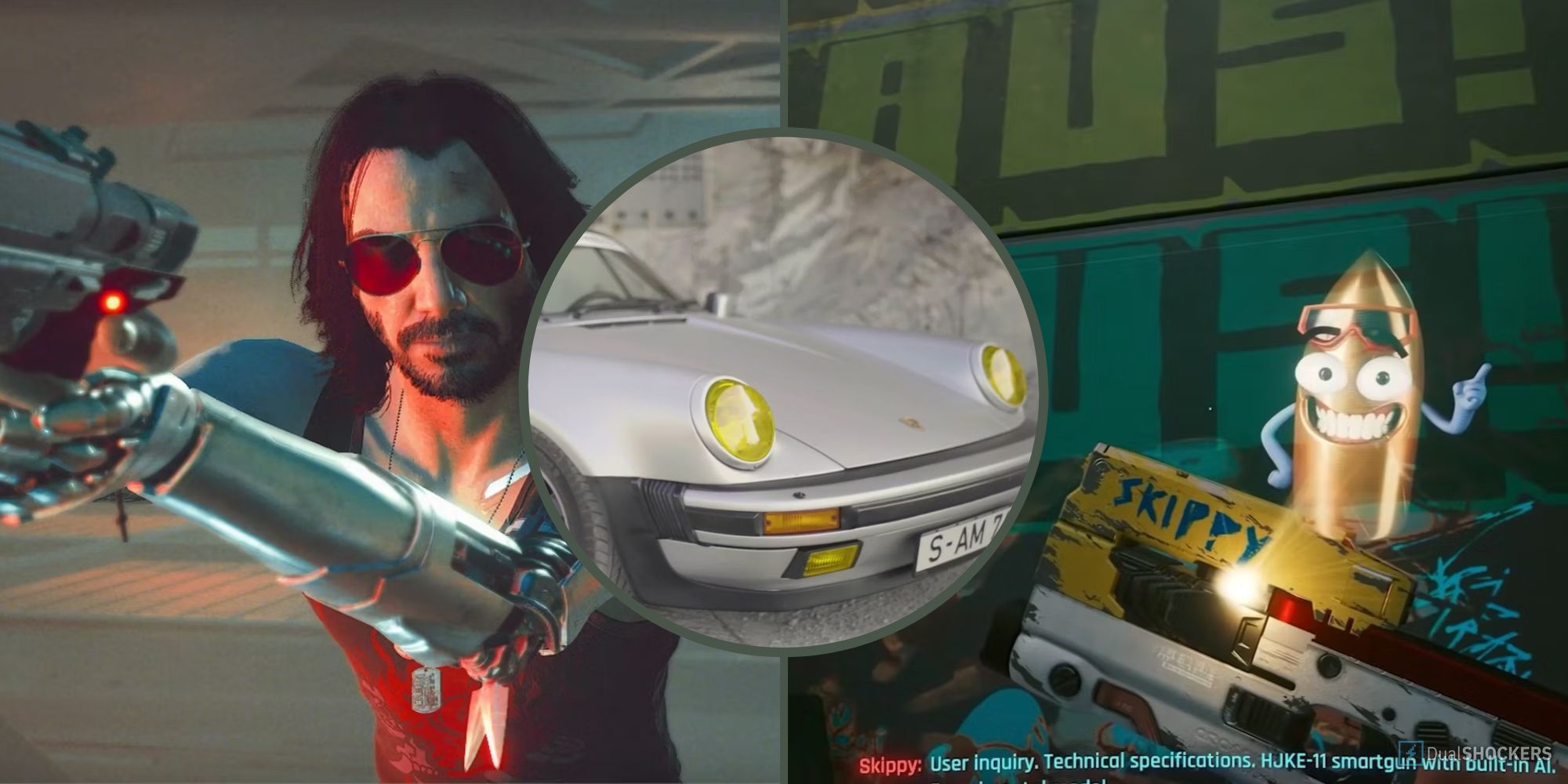 Cyberpunk 2077 Missable Items Split Image of Johnny Silverhand, Johnny's Car, and Skippy Gun