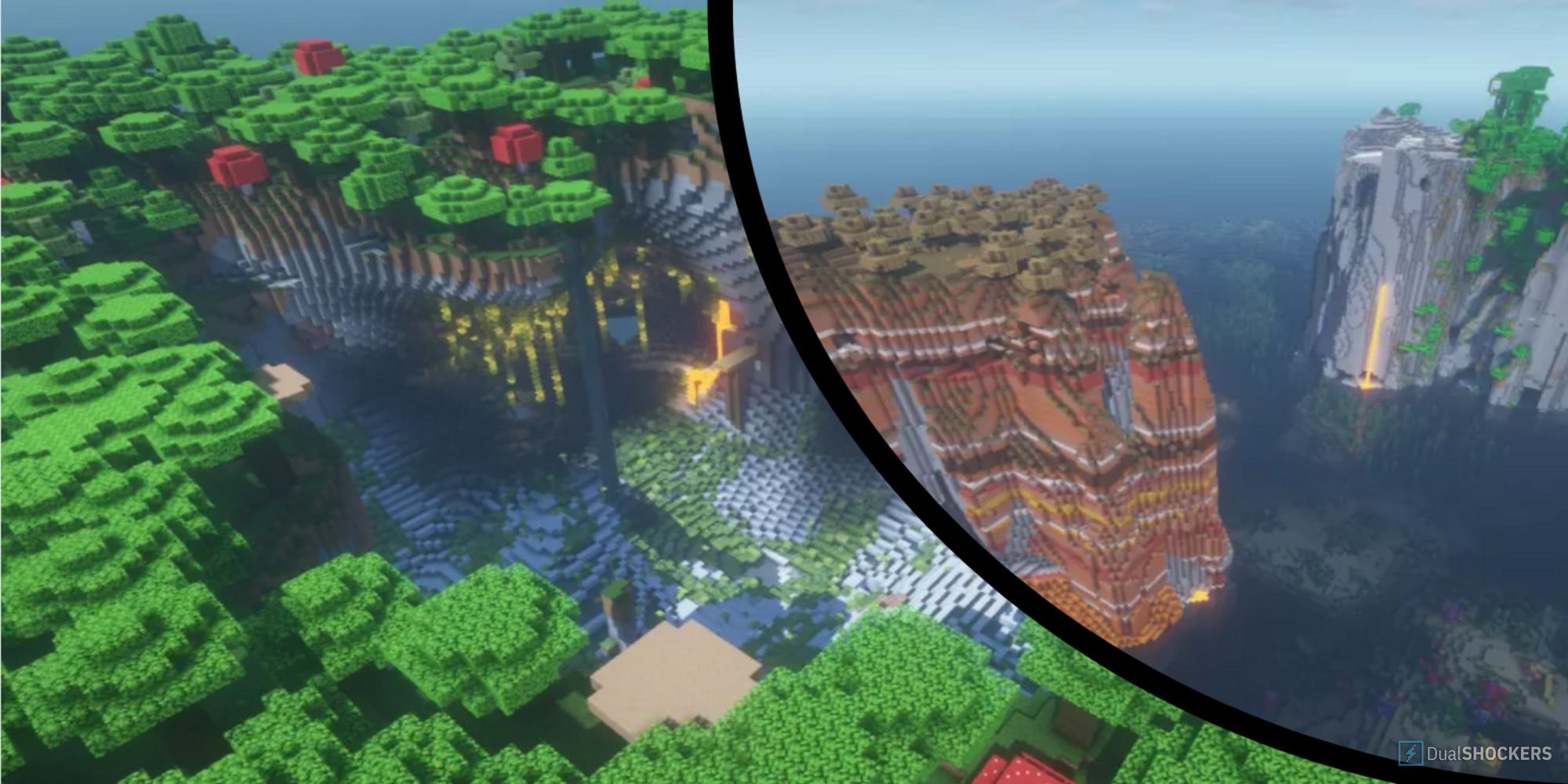 screenshots to two different World Seeds from Video Game Minecraft