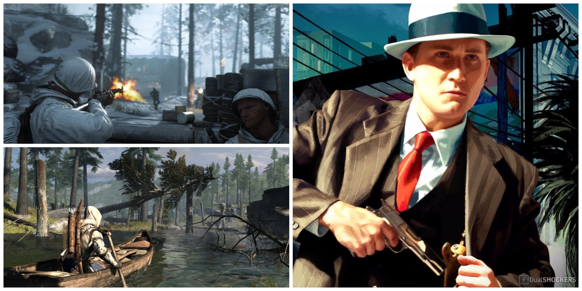 Screengrabs from Call of duty, Assassin's creed III, and L.A Noire