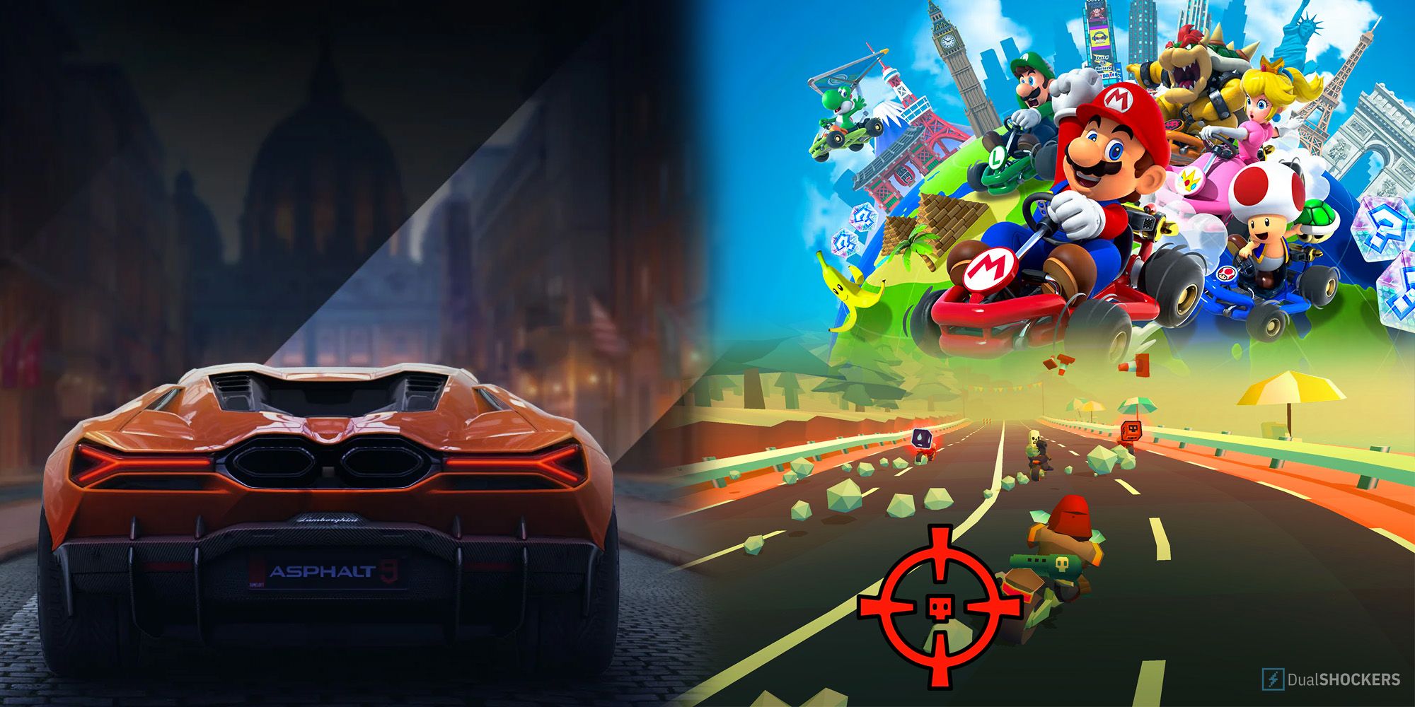 Featured Image for Best Mobile Racing Games, Asphalt 9, Mario Kart Tour, Hell Rider from left to right