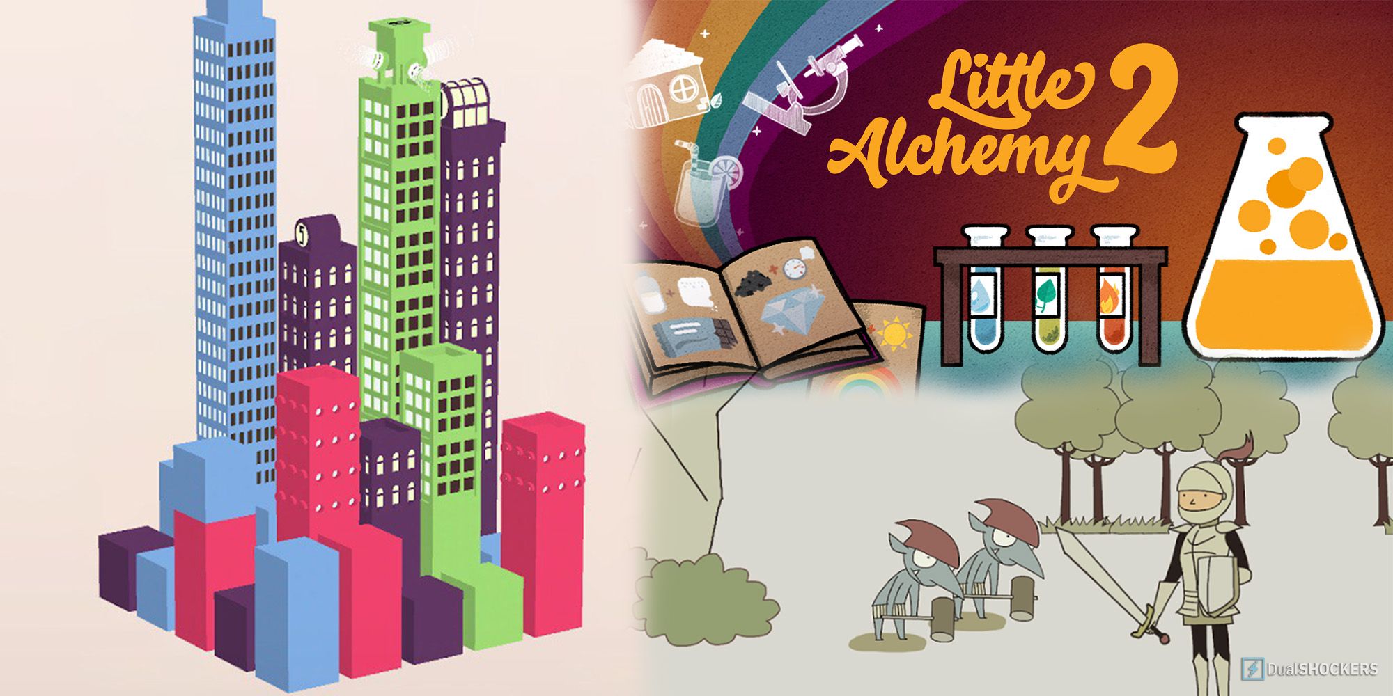 Featured Image for Best Puzzle Game on Mobile, High Rise, Little Alchemy 2, and IQ Dungeon from Left to RIght
