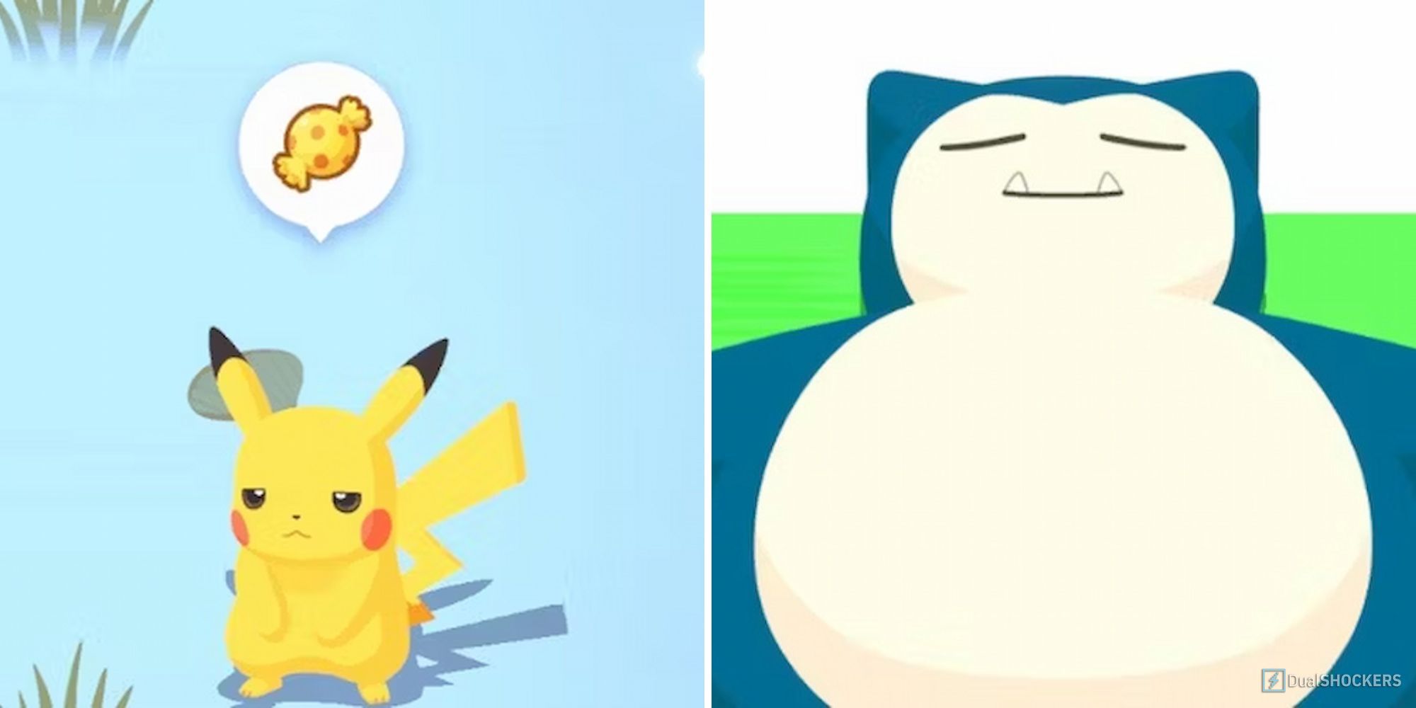 Pikachu with candy and sleeping Snorlax