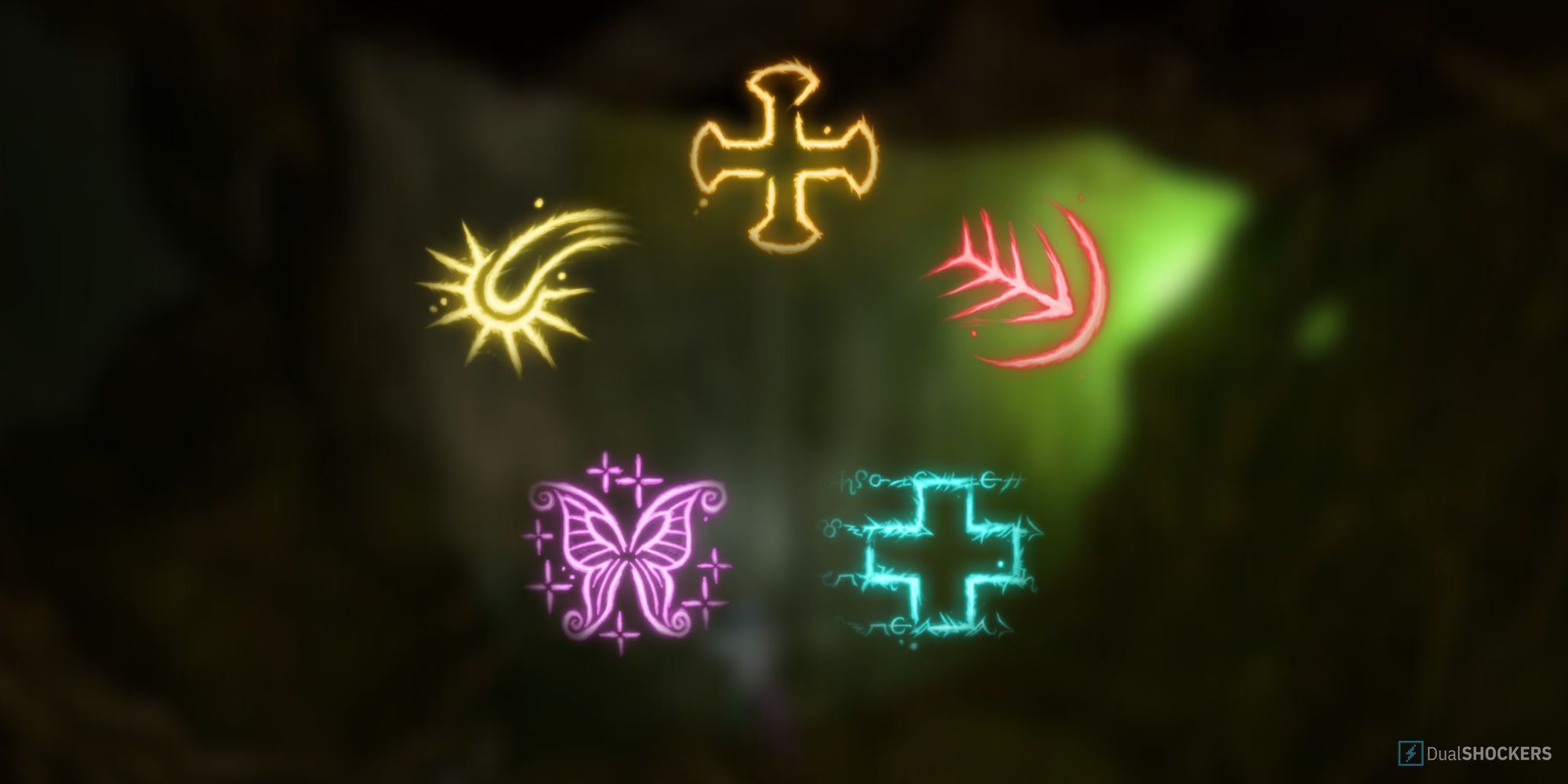 five spell icons from Baldur's gate arranged in a circle with a waterfall in the background