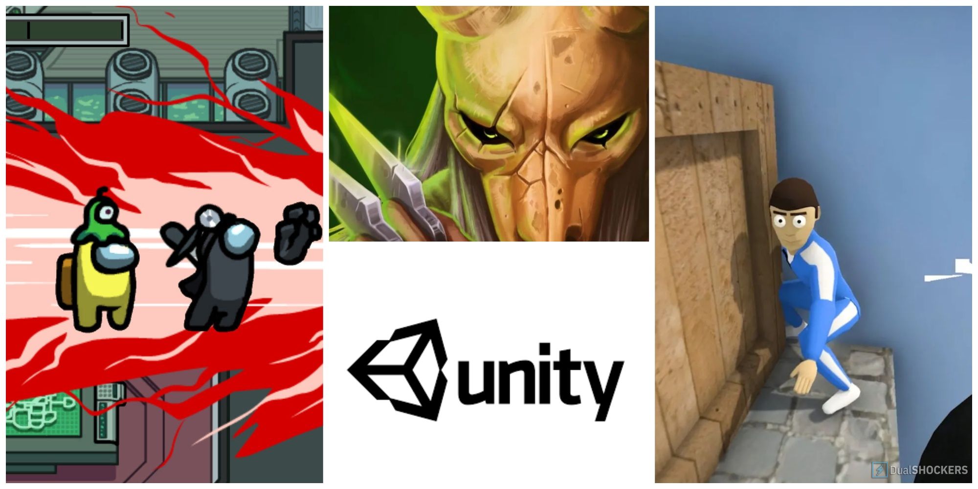 Unity collage with Among Us, Slay the Spire, and Crab Game