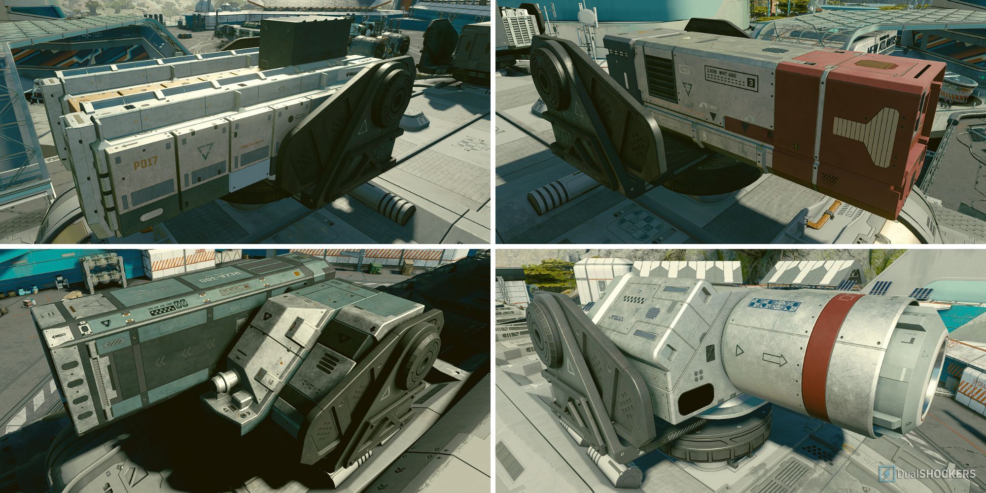 Some of Starfield's best auto turrets are displayed: ballistic, laser, and particle beams