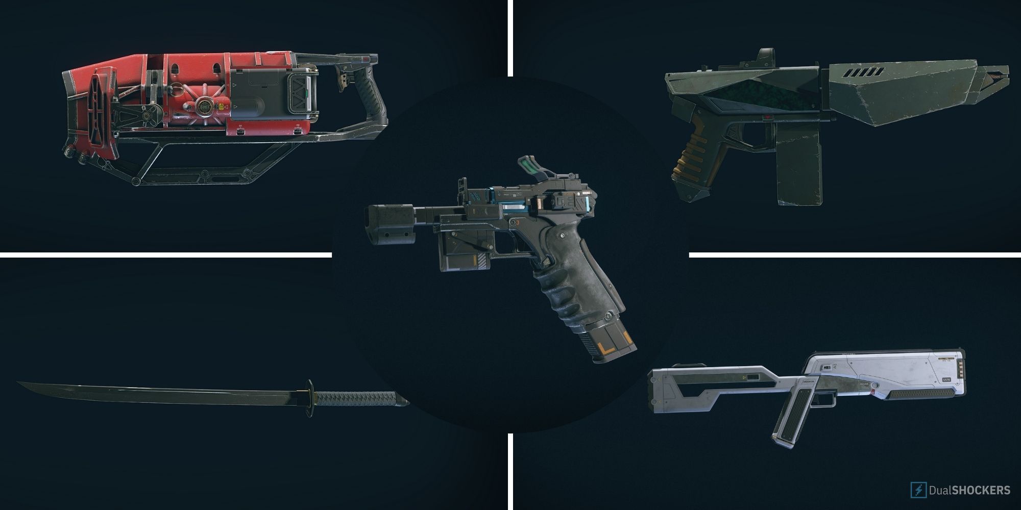 All five weapon types from Starfield are displayed in a grid