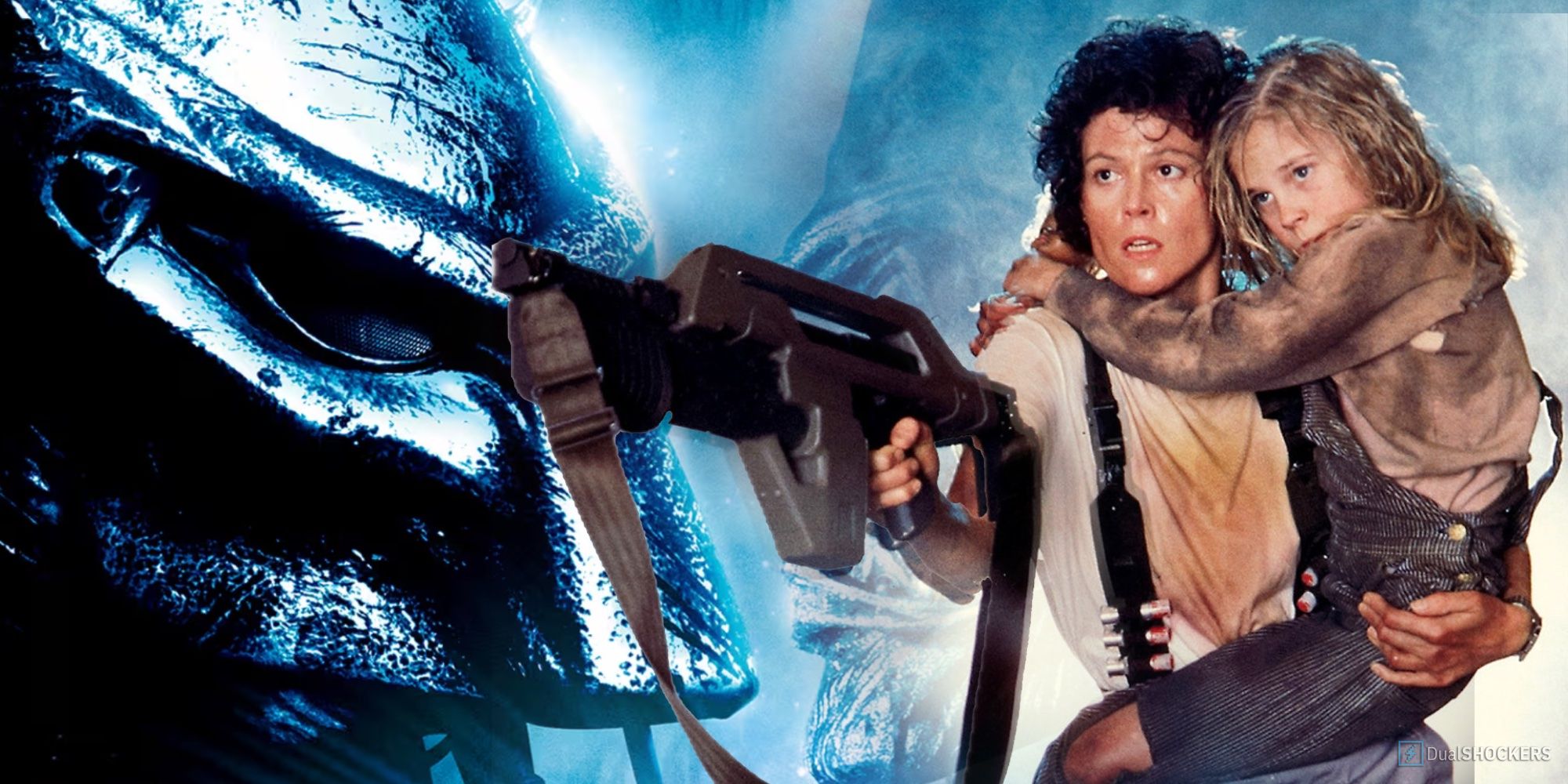 On the right Ripley holding Newt with one hand, and a gun on the other. On the left a Predator