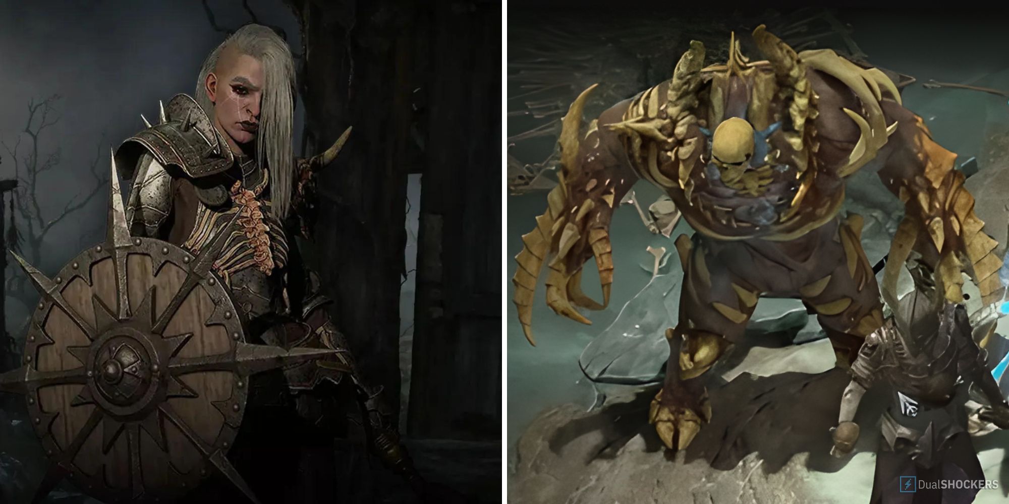 Screenshots of the bone golem and a necromancer from diablo 4