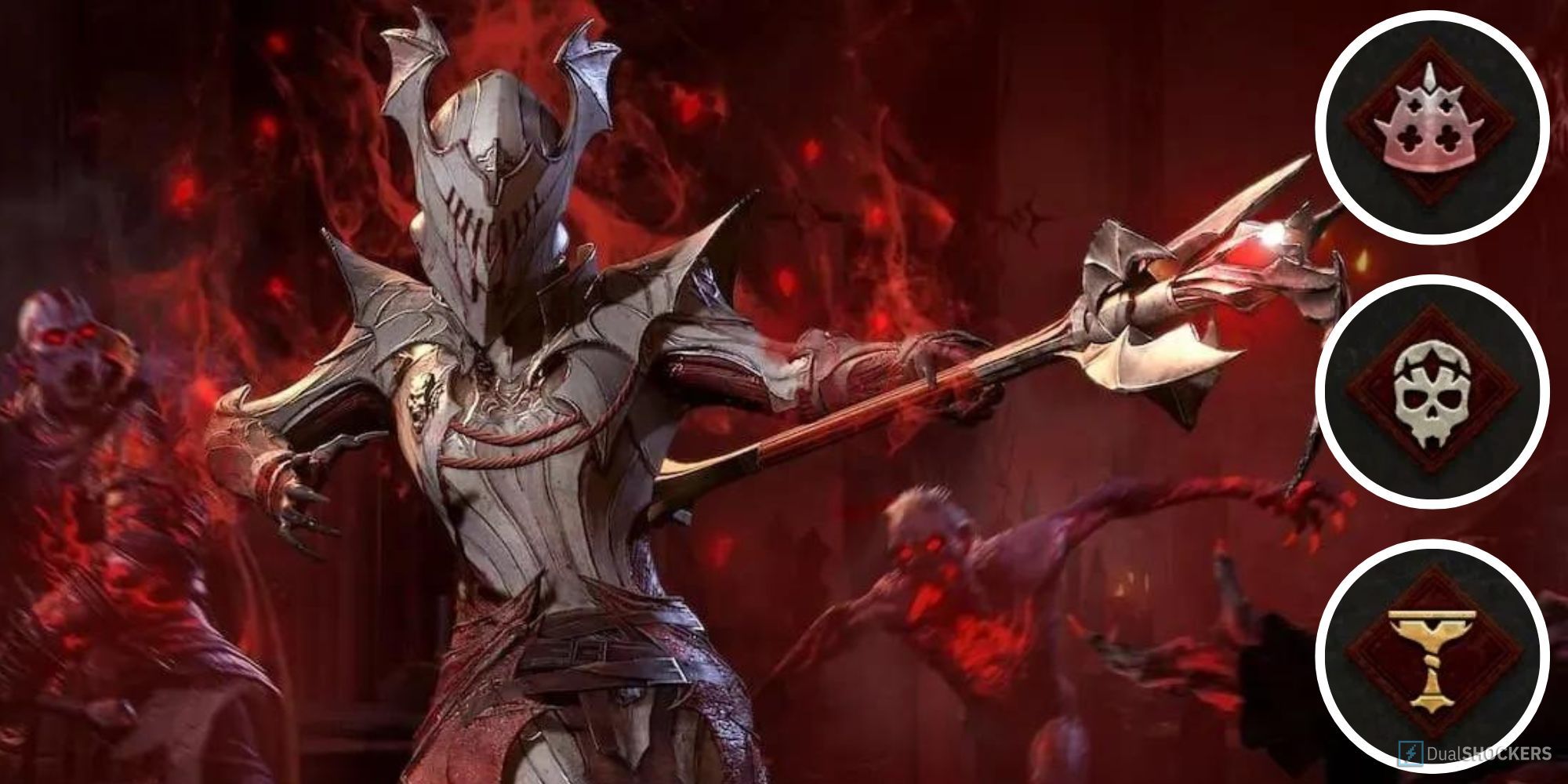 A player character wearing the Season of blood armor, pointing at the icons for the three different Vampiric Pacts