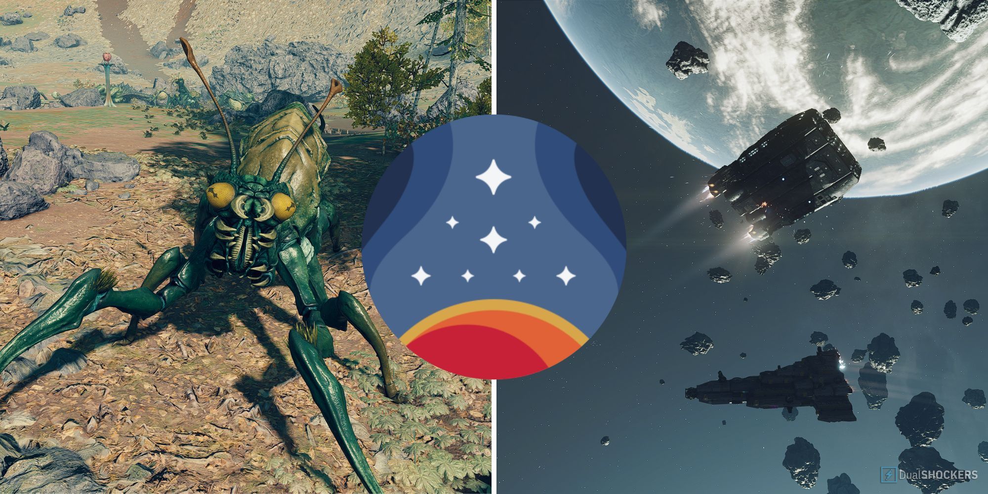 Starfield's Constellation logo separates a hunting cricket from Tau Ceti and a space battle