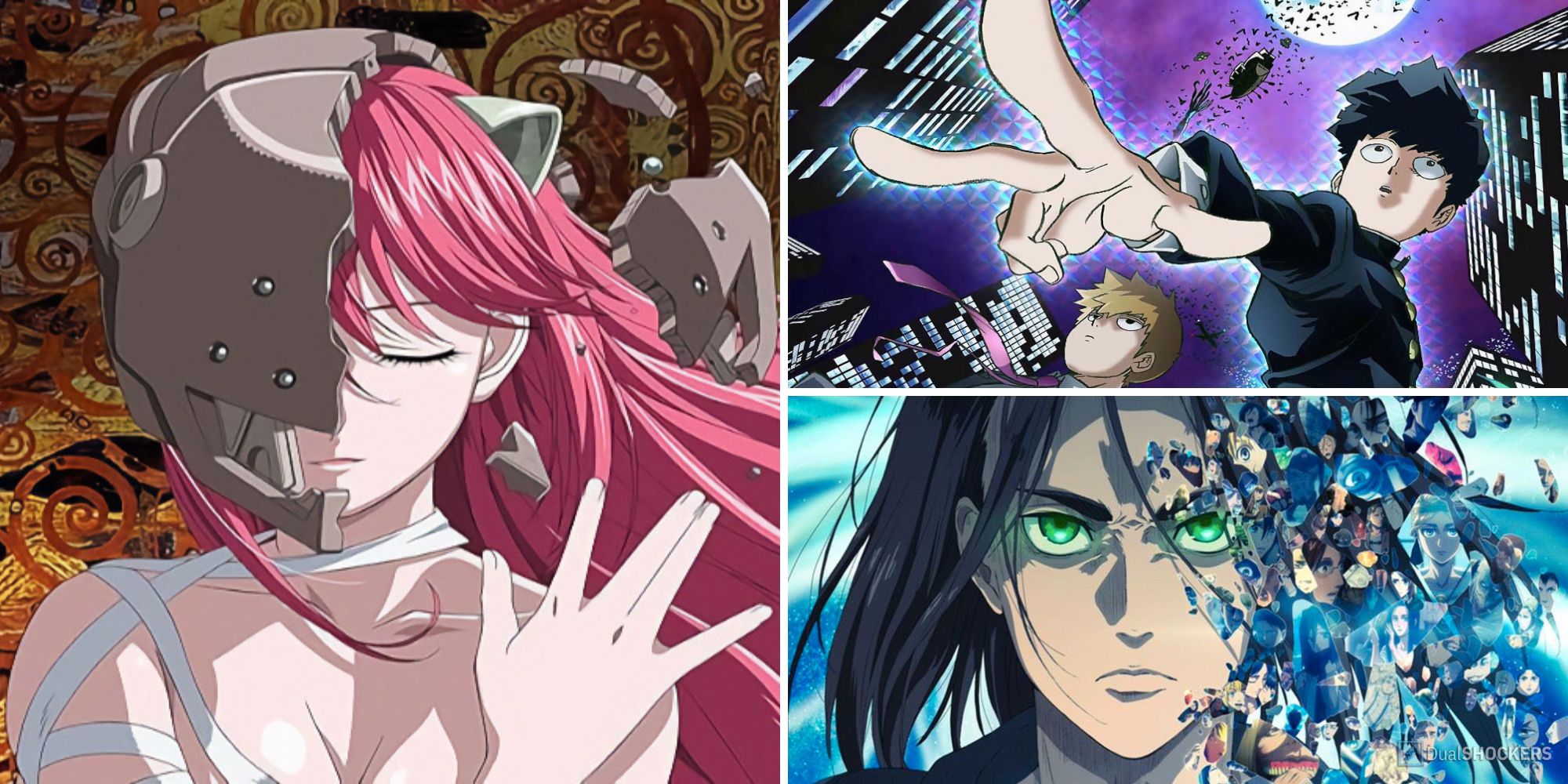 Elfen Lied (Left), Mob Psycho 100 (Top right), and Attack on Titan (Bottom Right)