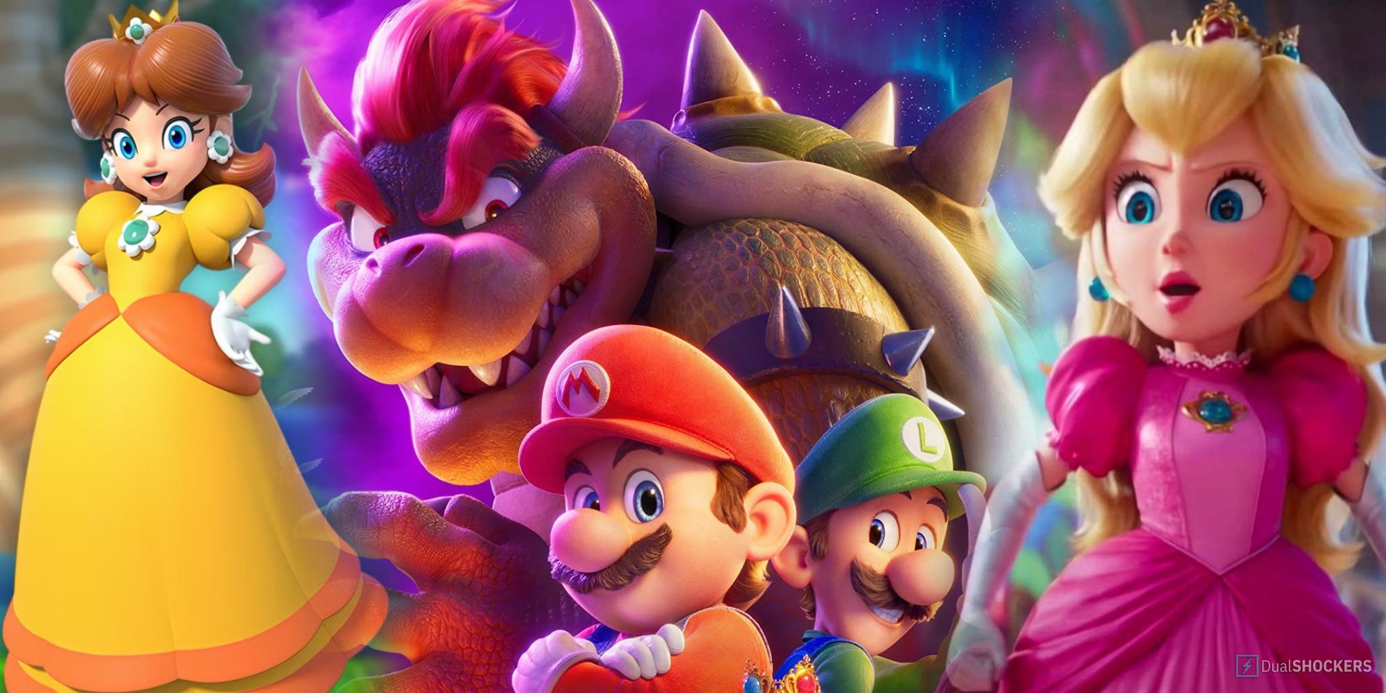 Best Super Mario Characters collage, Daisy, Bowser, Mario, Luigi, and Peach