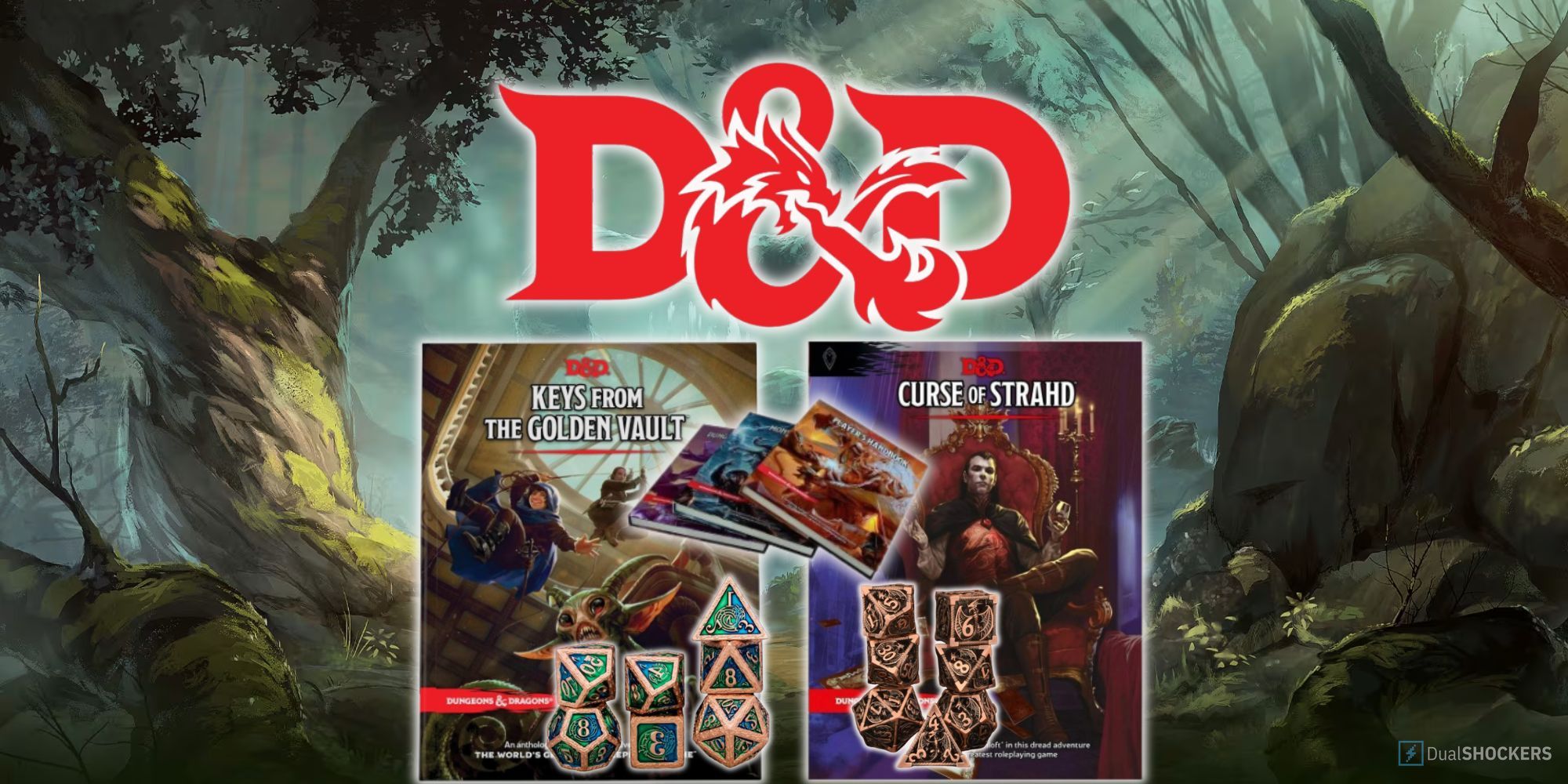 شعار Dungeons & Dragons على خلفية غابة خيالية مع كتب الطاولة والنرد