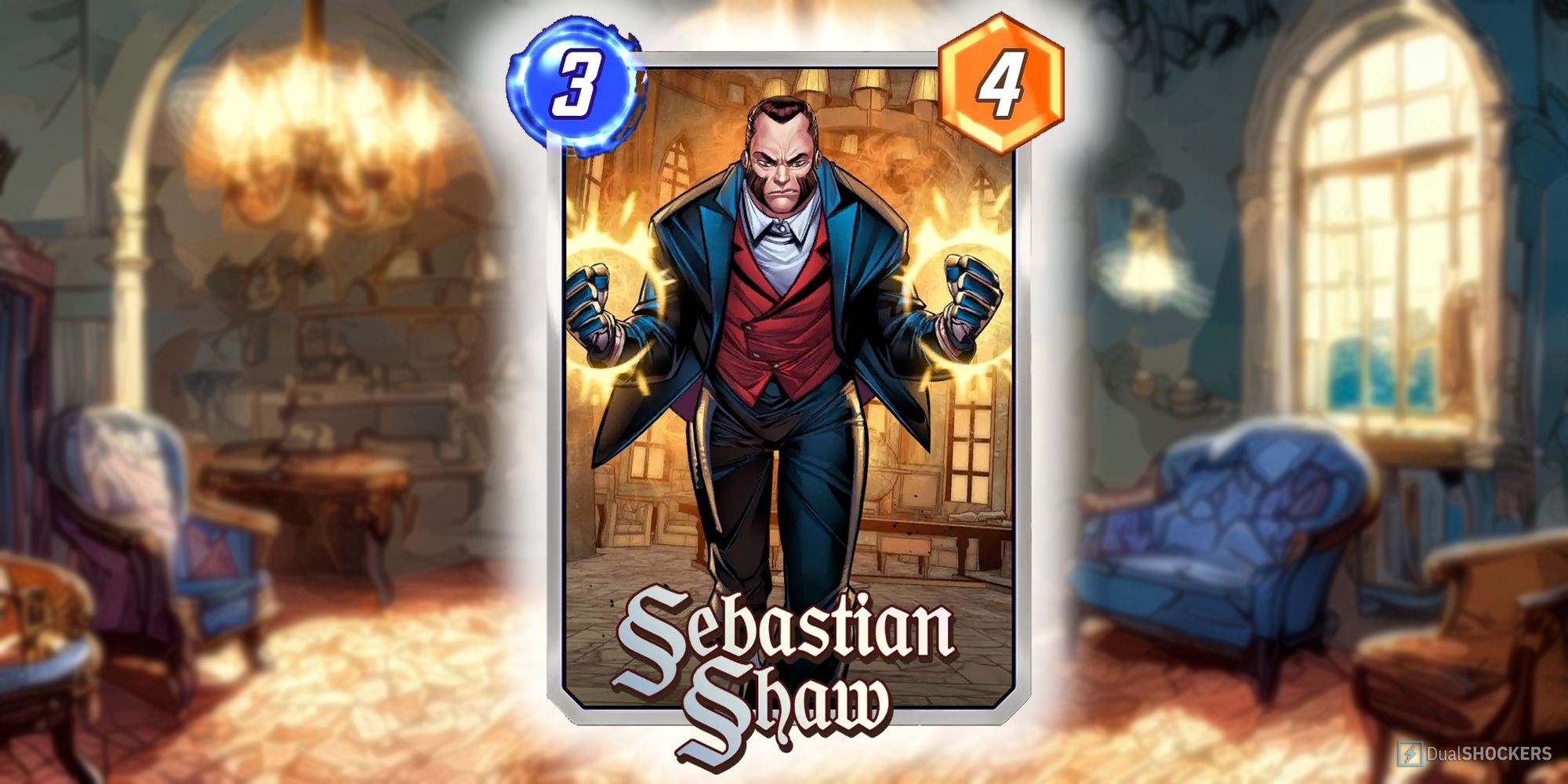 Marvel Snap's Sebastian Shaw card with a manor-like background.