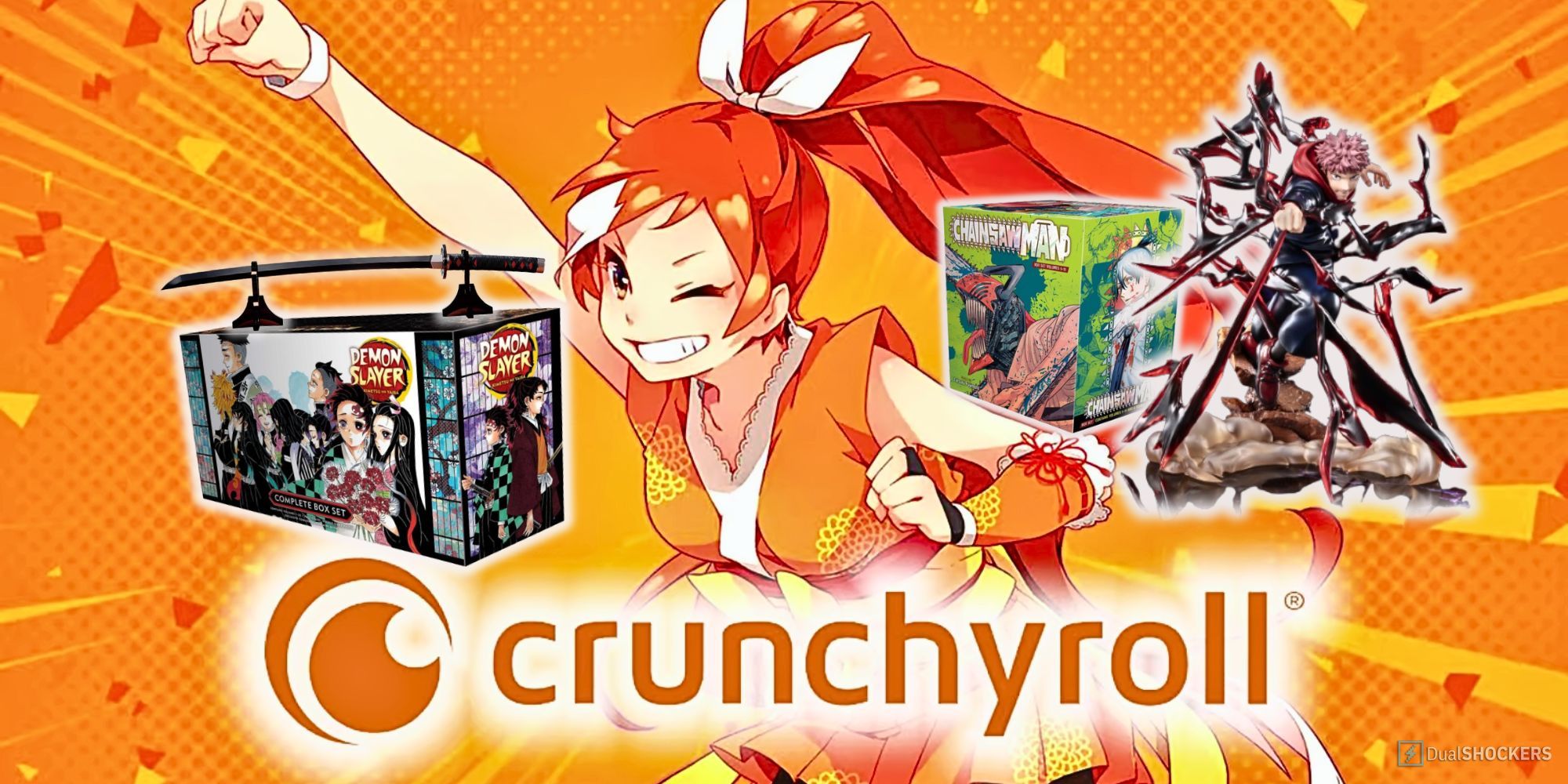 Image with the red-haired Crunchyroll mascot holding her fist in the air surrounded by anime products with the Crunchyroll logo