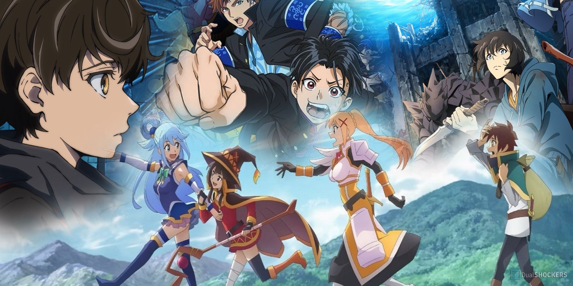 Collage showcasing upcoming anime, Tower of God, Konosuba, Bucchigiri, and Solo Leveling