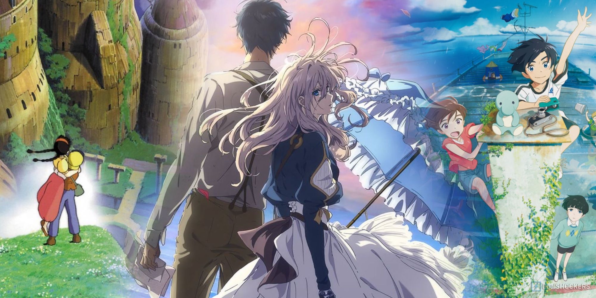 Collage of Castle in the sky, Violet Evergarden, and Drifting Home