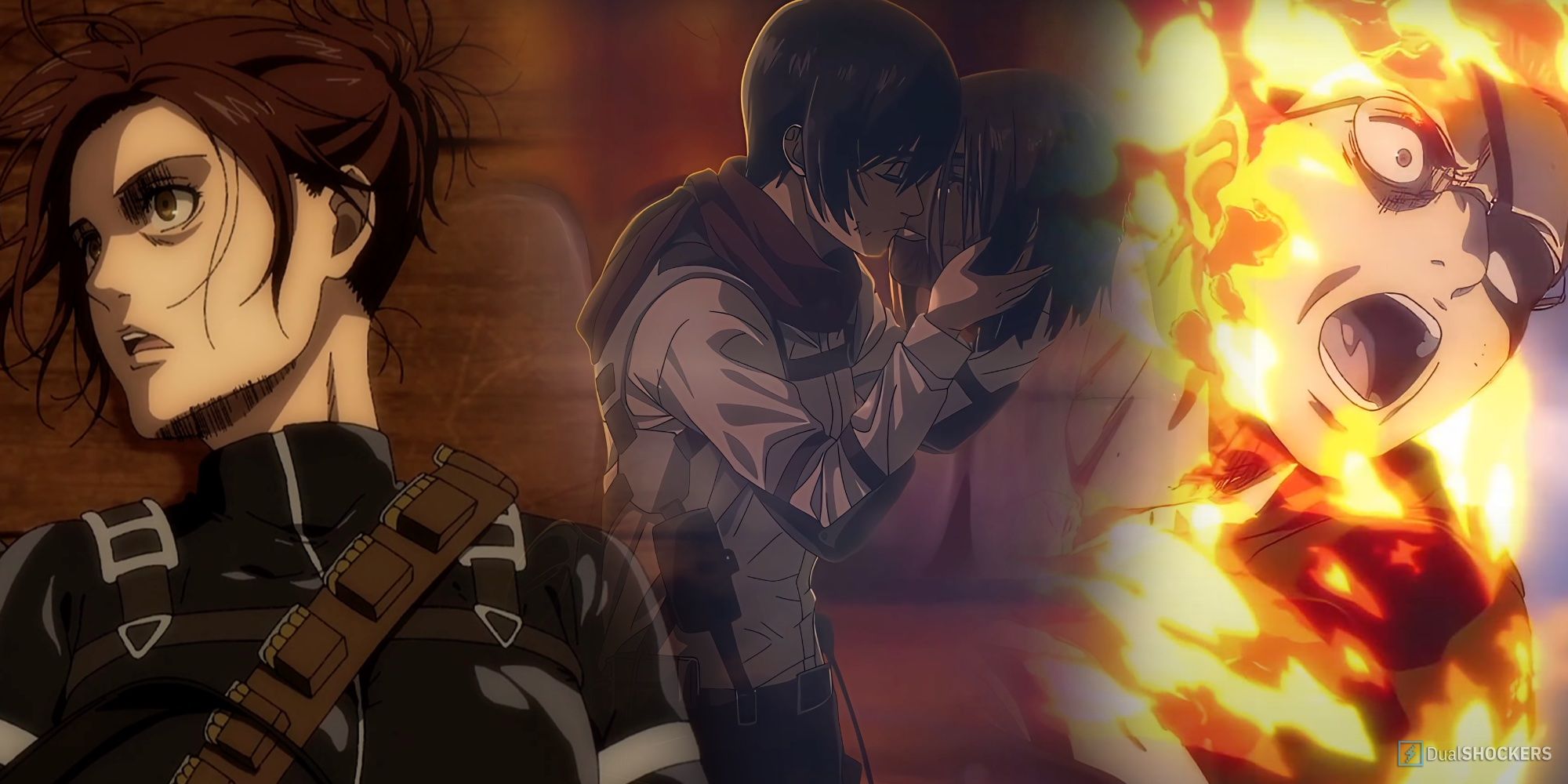 College of Sasha lying dead on the floor, Mikasa kissing Eren's head, and a burning Hange