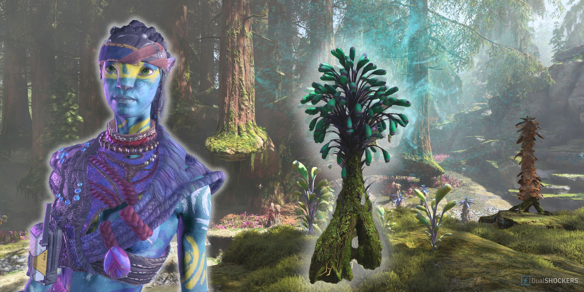 A Na'Vi standing in front of a Bellsprig plant, the source of permanent health increase in Avatar: Frontiers of Pandora.