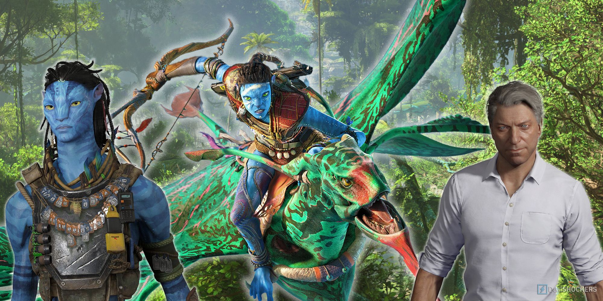 Avatar: Frontiers of Pandora main character riding an Ikran surrounded by John Mercer, the game's antagonist, and So'lek, an ally.