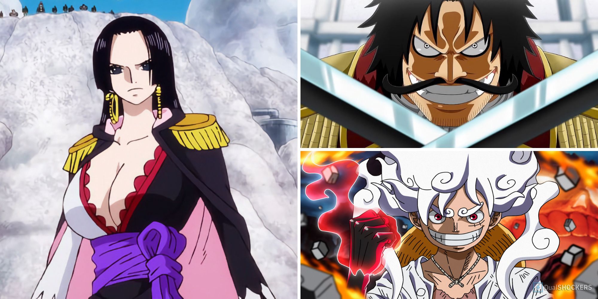 Boa Hancock (Left), Gol D. Roger (Upper right), Luffy (Lower right)