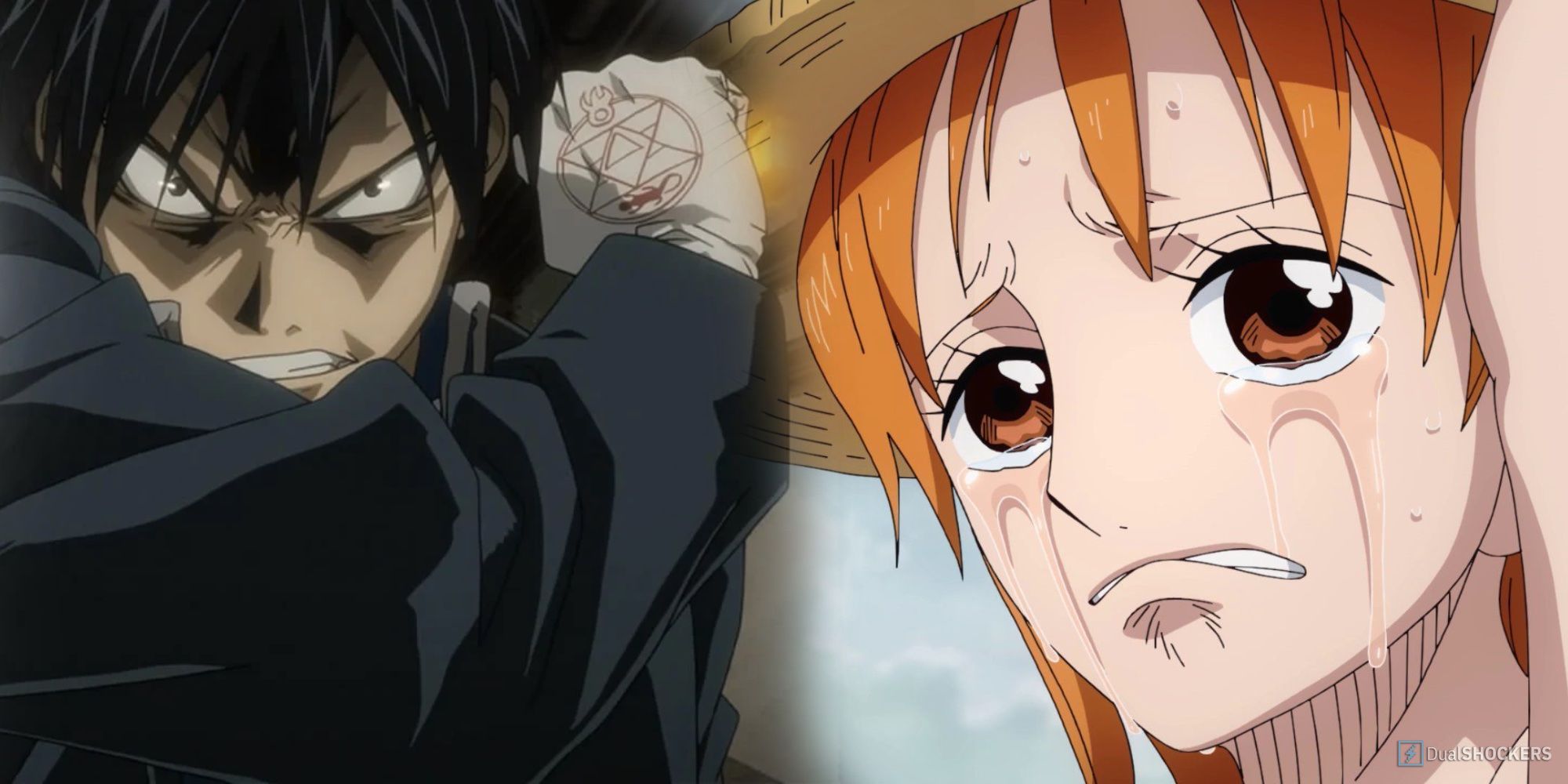 A collage featuring Mustang from Fullmetal Alchemist  attacking, and Nami from One Piece crying