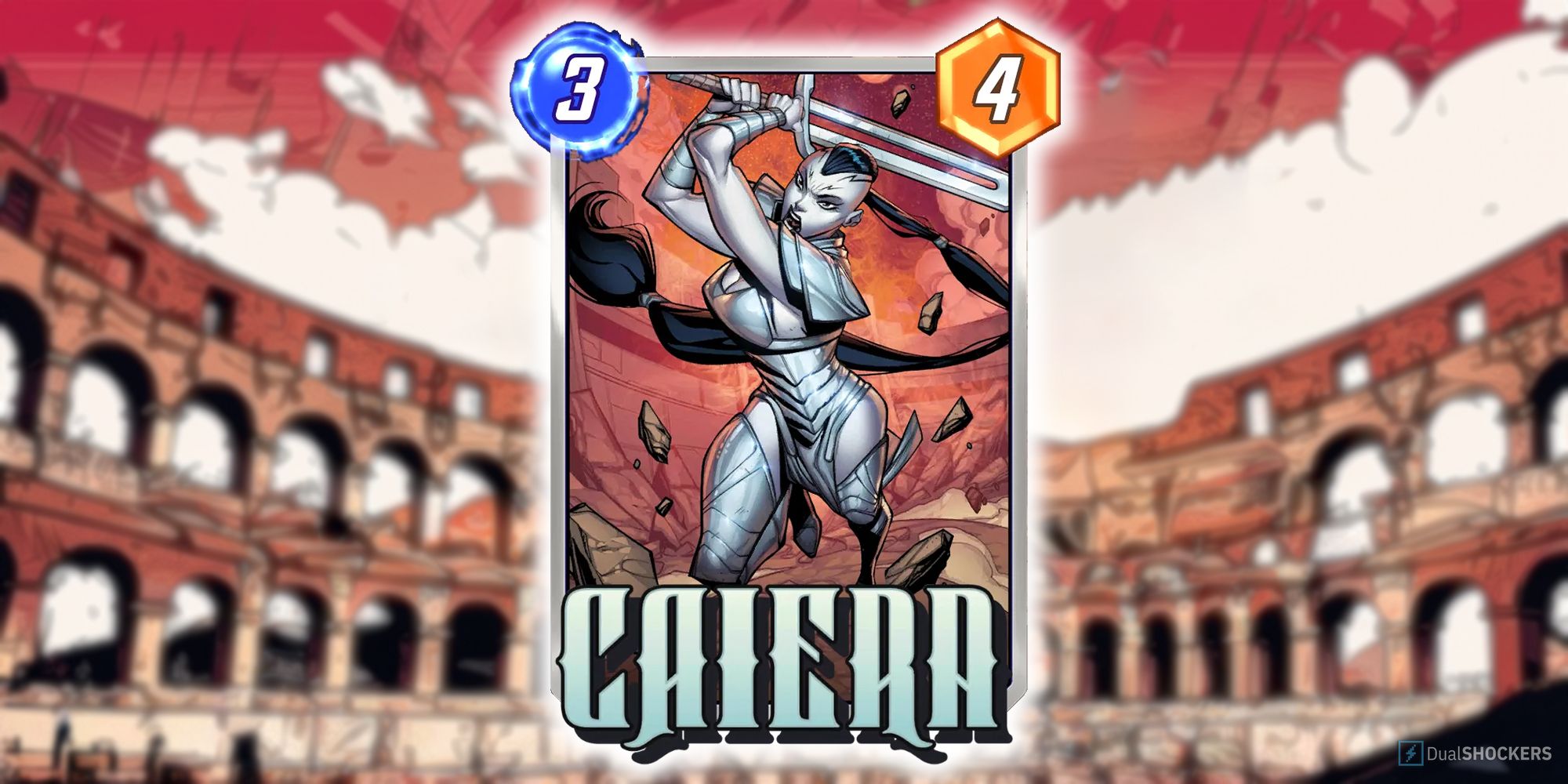 Marvel Snap's Caiera card surrounded by a collapsing colosseum.