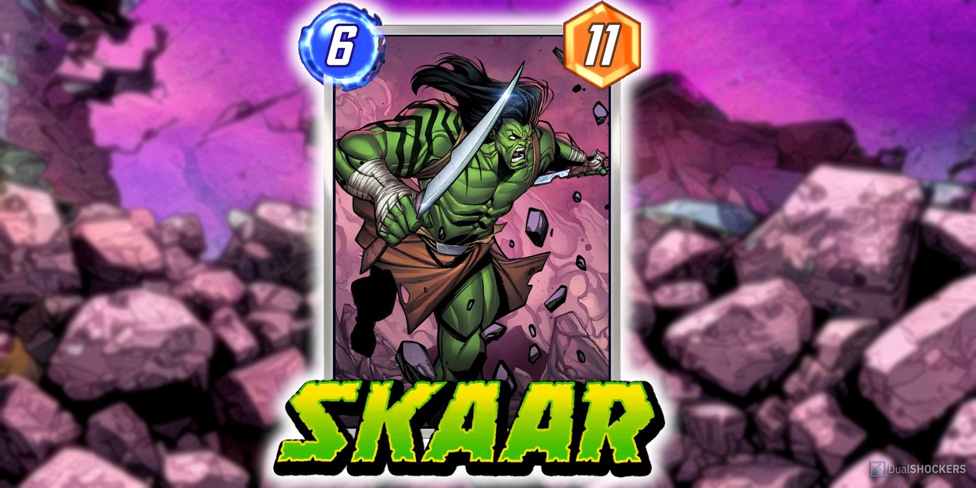 Marvel Snap's Skaar card surrounded by purple rubble.