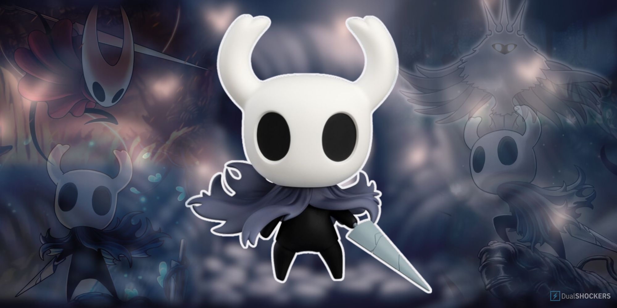 Hollow Knight banner with faded images of the protagonist and Hornet with the nendoroid in the middle