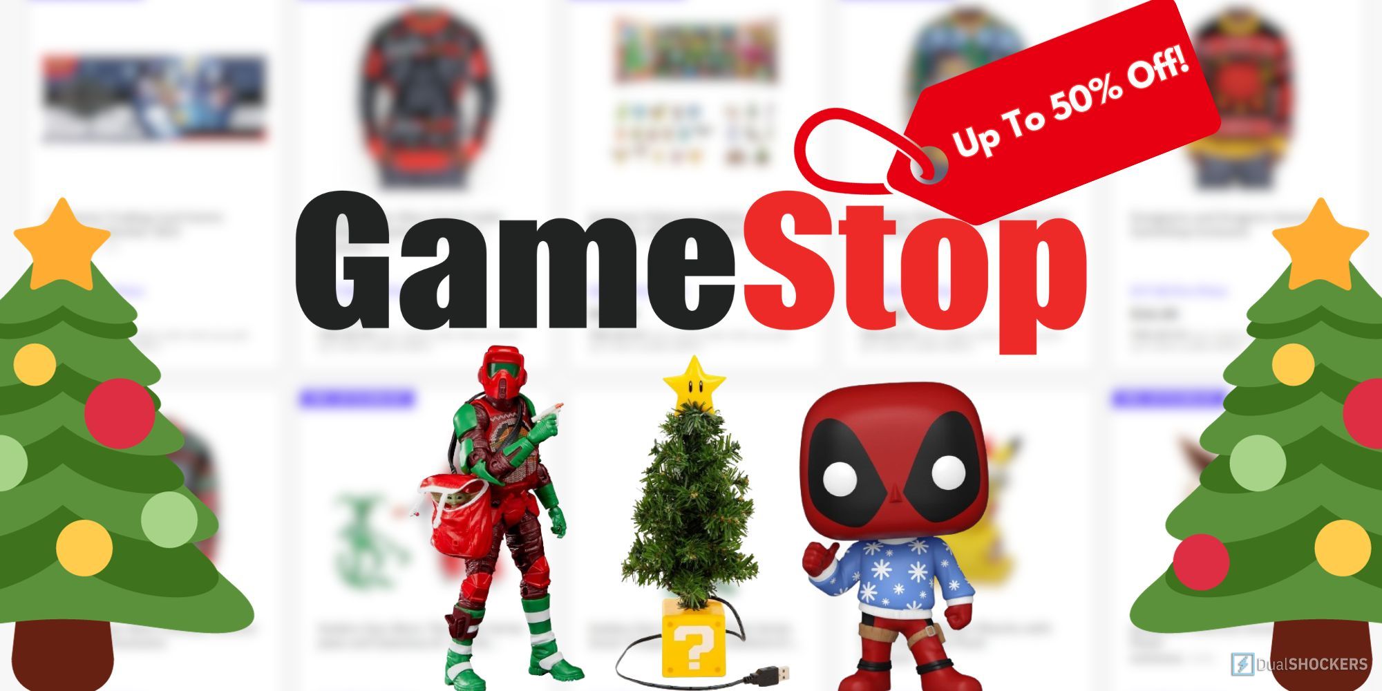 Merchandise feature image with the GameStop logo, two Christmas trees, a Star Wars Figure, Deadpool Funko Pop and a Super Mario mini tree