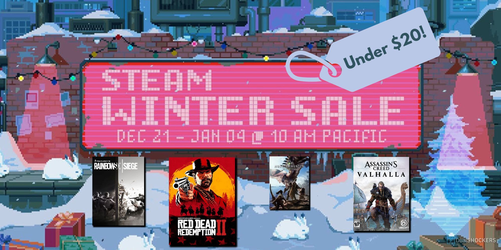 Feature image with the Steam Winter Sale trailer still with Red Dead Redemption 2, Assassin's Creed Valhalla, Rainbow Six Siege, and Monster Hunter World covers in the foreground