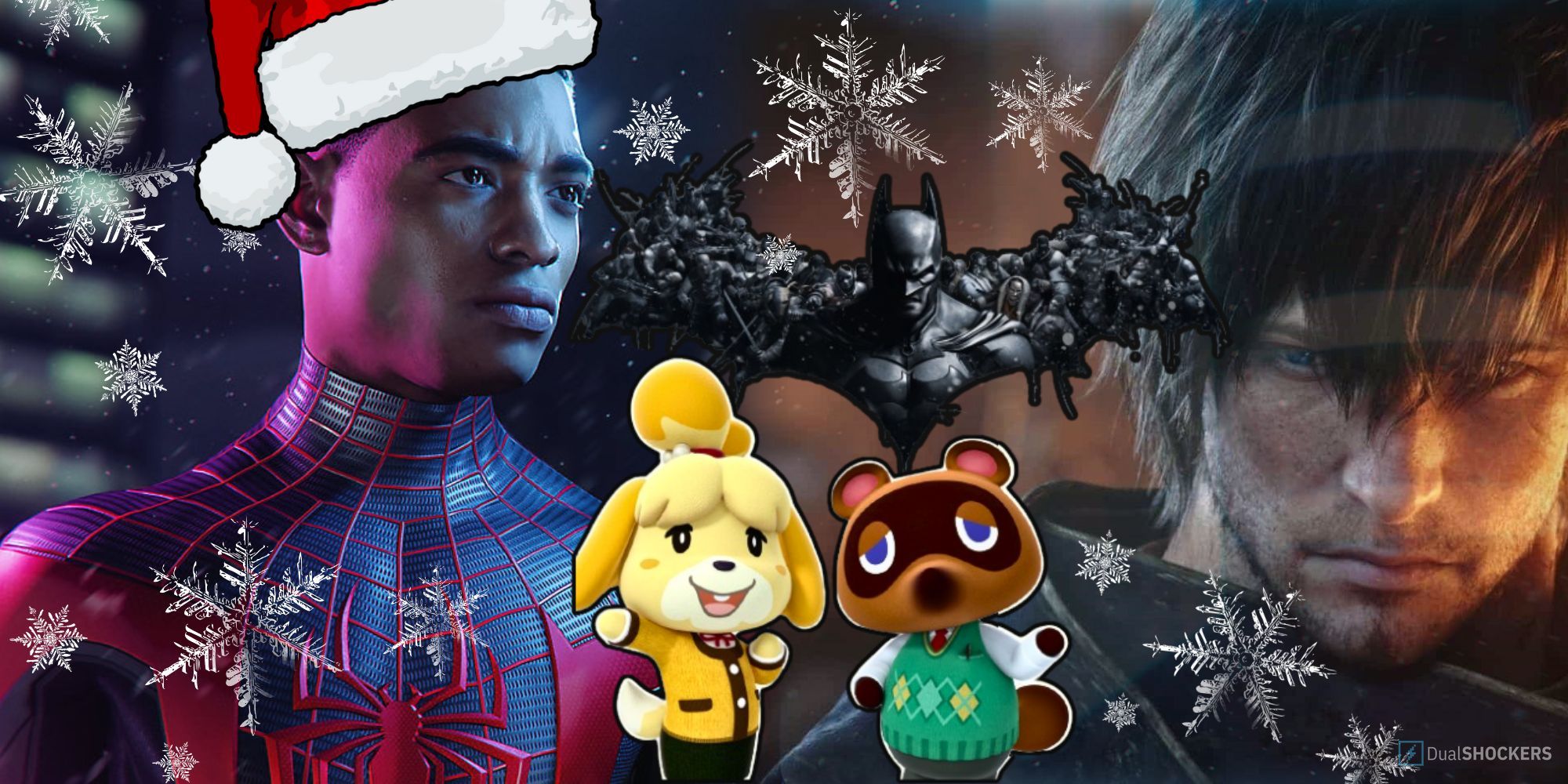 Banner with Miles Morales wearing a santa hat, the Warrior of Light from Final Fantasy 14, Isabelle and Tom from Animal Crossing and the Batman: Arkham Origins logo