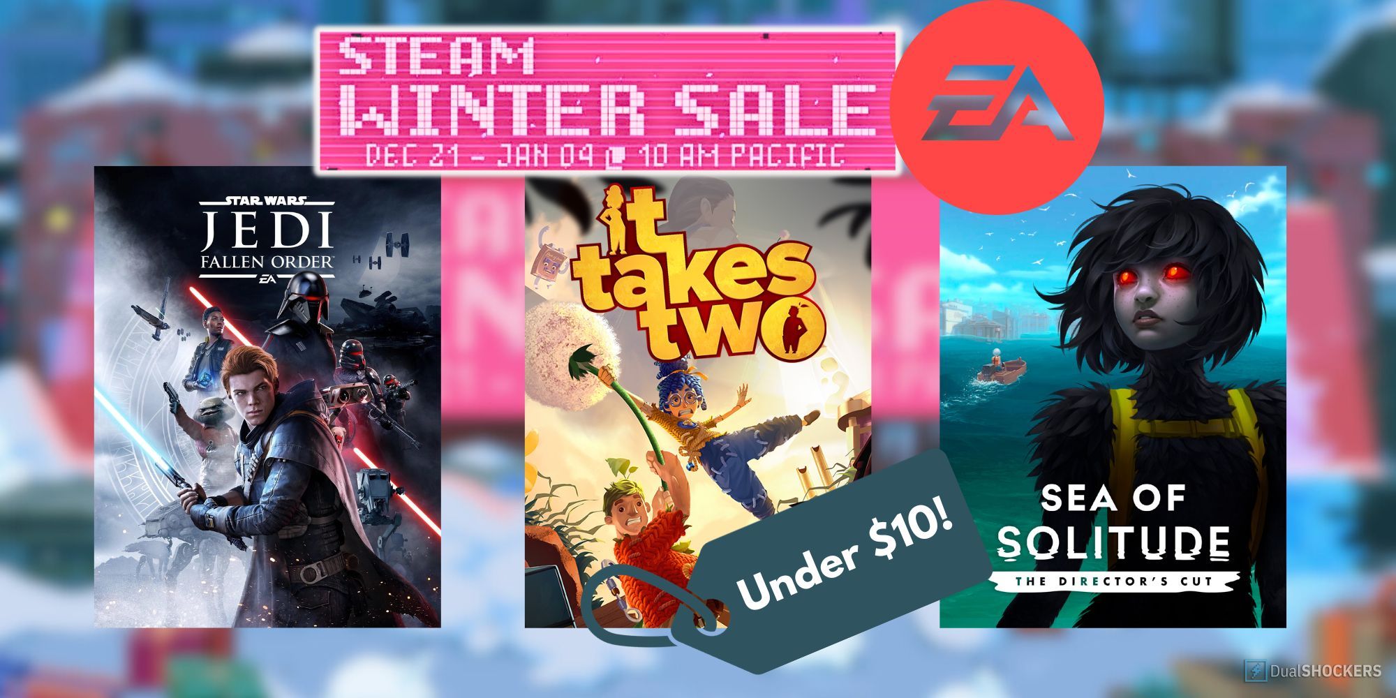 Product banner featuring the covers for Star Wars Jedi: Fallen Order, It Takes Two, and Sea of Solitude with the Steam Winter Sale logo and a Under $10 off tag
