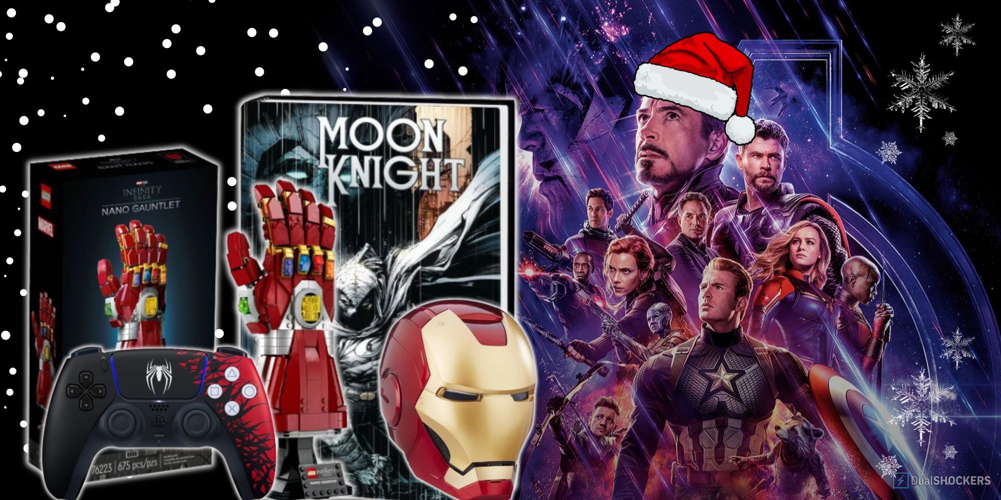 Product banner showcasing a Moon Knight comic, Iron Man helmet, Spider-Man PS5 controller, and the Nano Gauntlet LEGO set alongside an ensemble photo of the Avengers