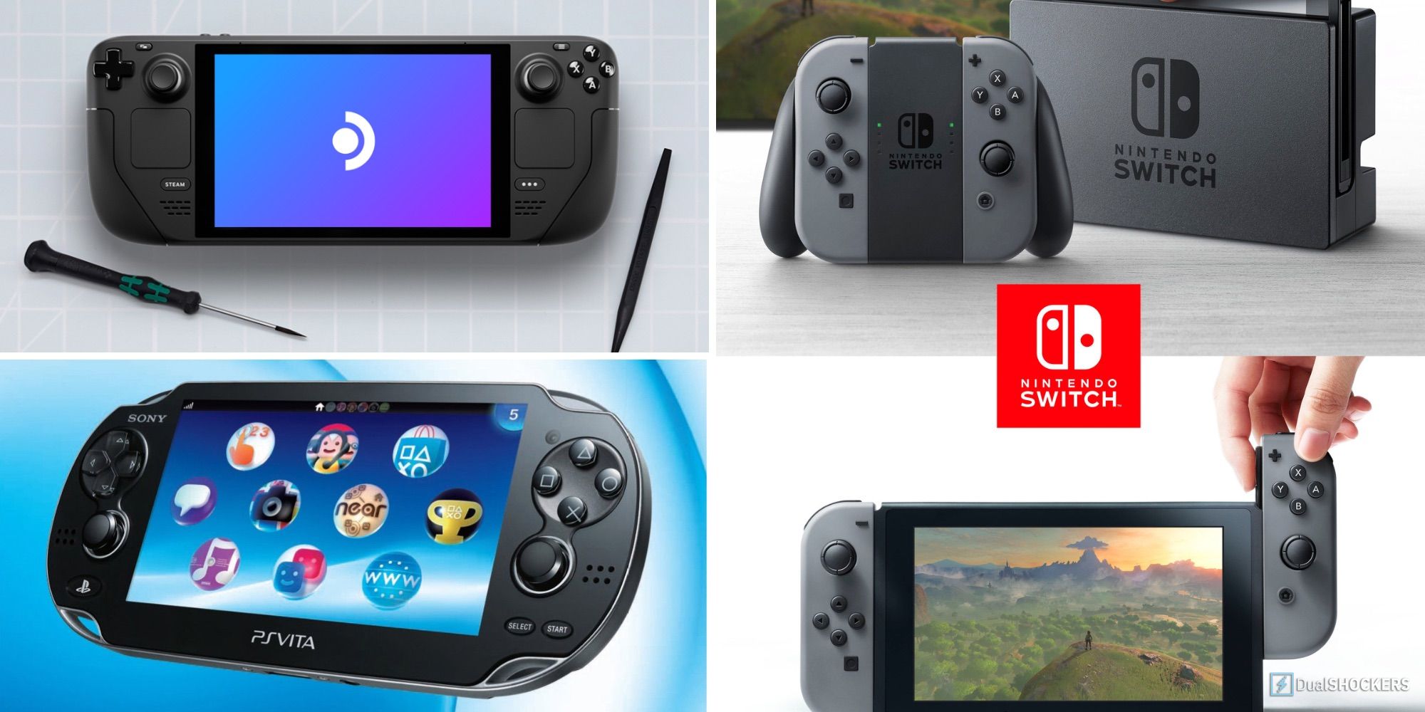Nintendo Switch, Sony PSP, and Valve Steam Deck split image
