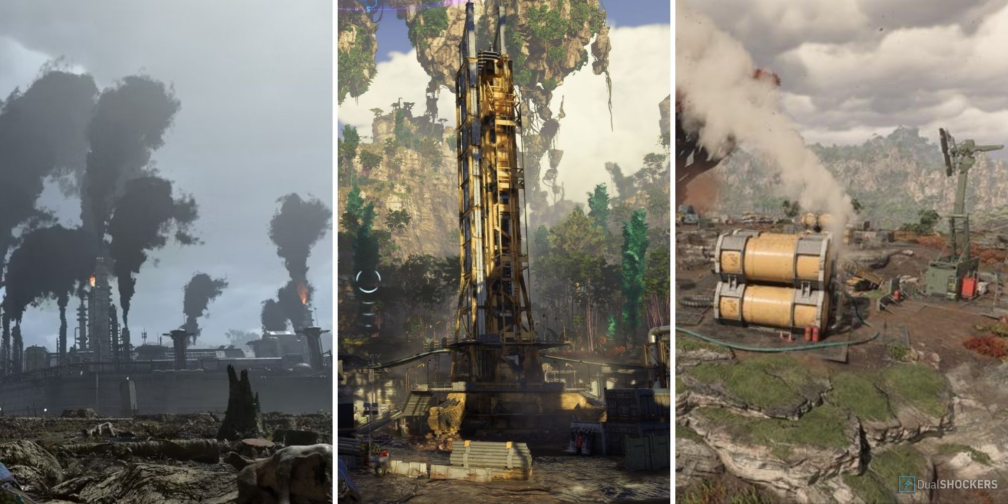 an RDA outpost from each region of the game - from left to right: Clouded Forest, Kinglor Forest, Upper Plains