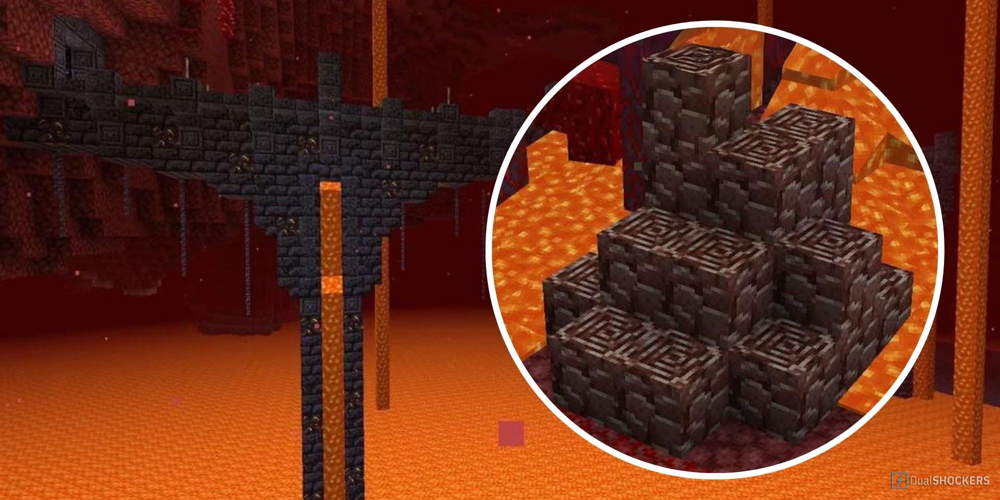 An image of a bridge in the nether, with Ancient Debris shown in a large size alongside it.