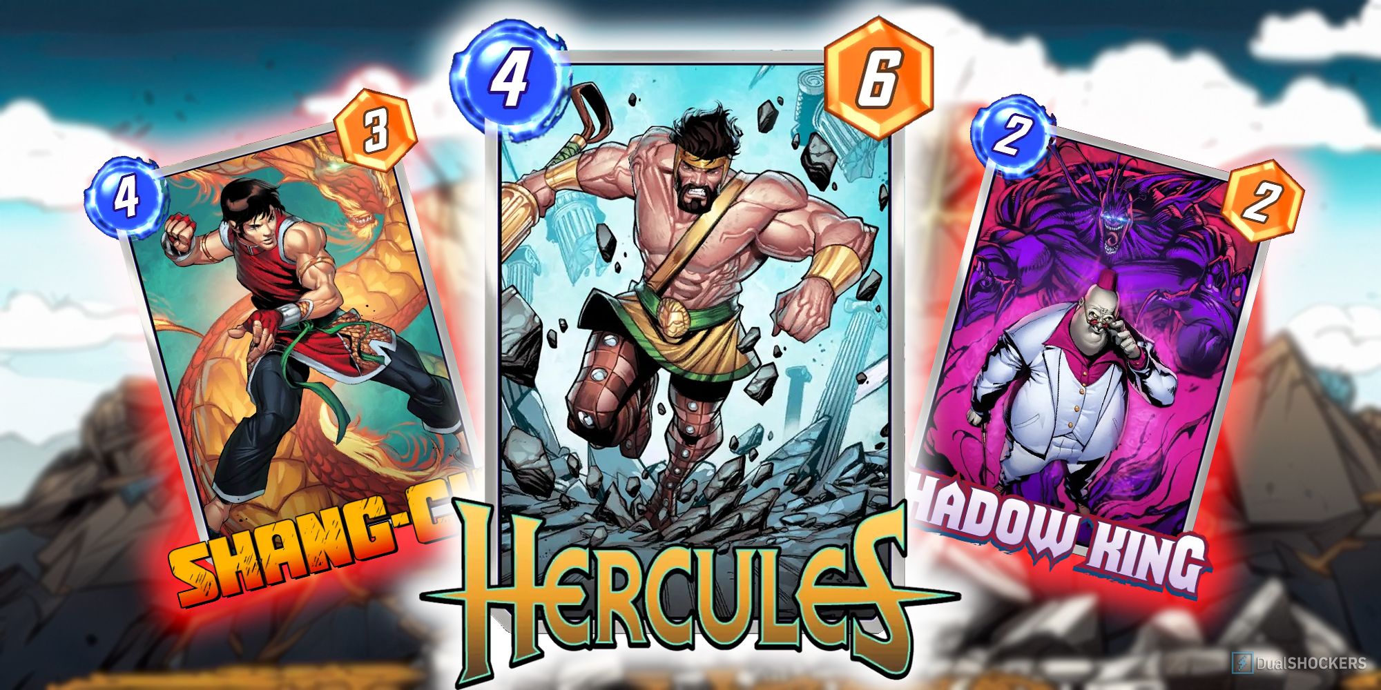 Marvel Snap's Hercules card surrounded by Shang-Chi and the Shadow King.