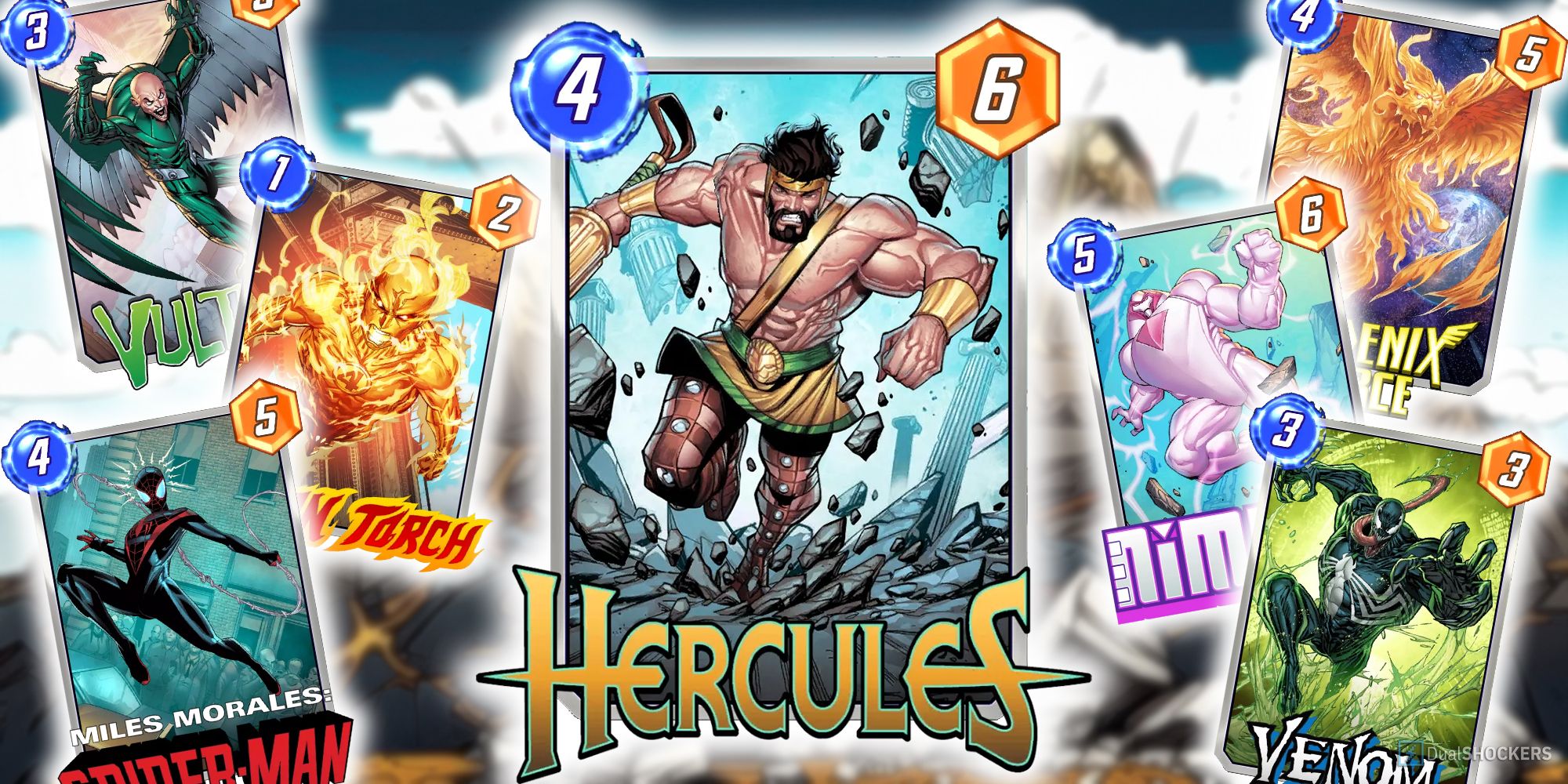 Marvel Snap's Hercules card surrounded by Vulture, Human Torch, Spider-Man, Phoneix Force, Nimrod, and Venom.